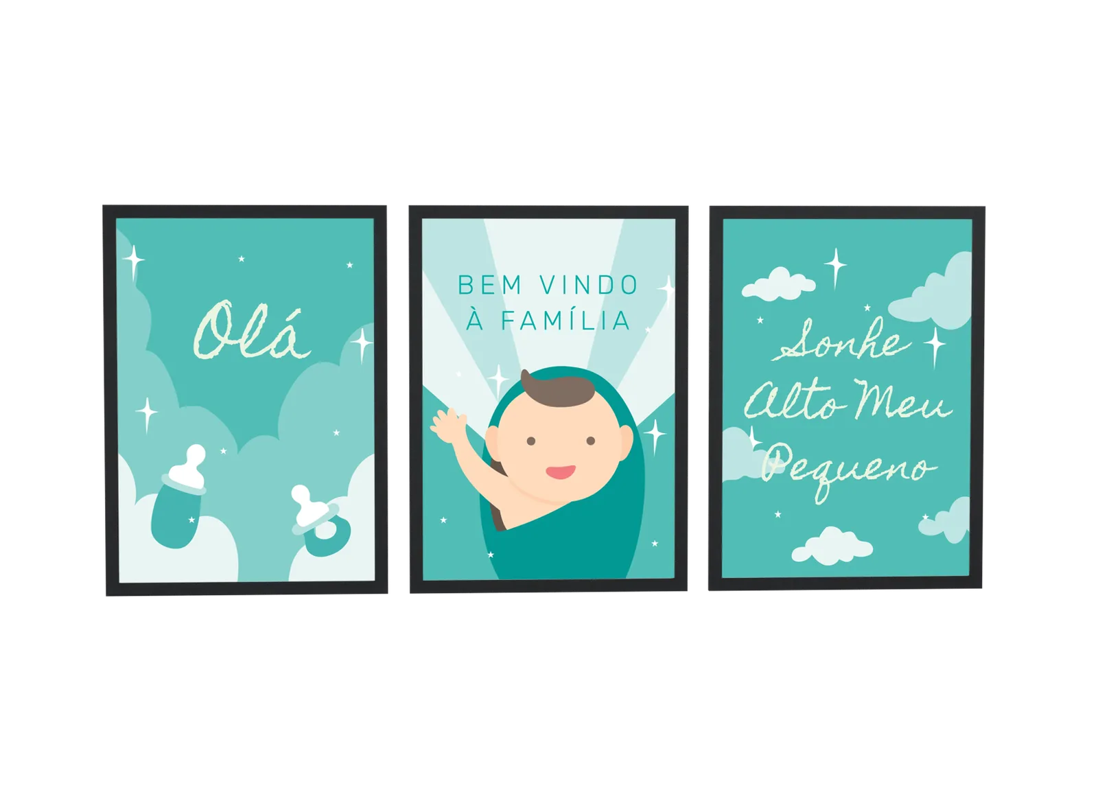 Trio infantil de chupeta e nuvens em verde