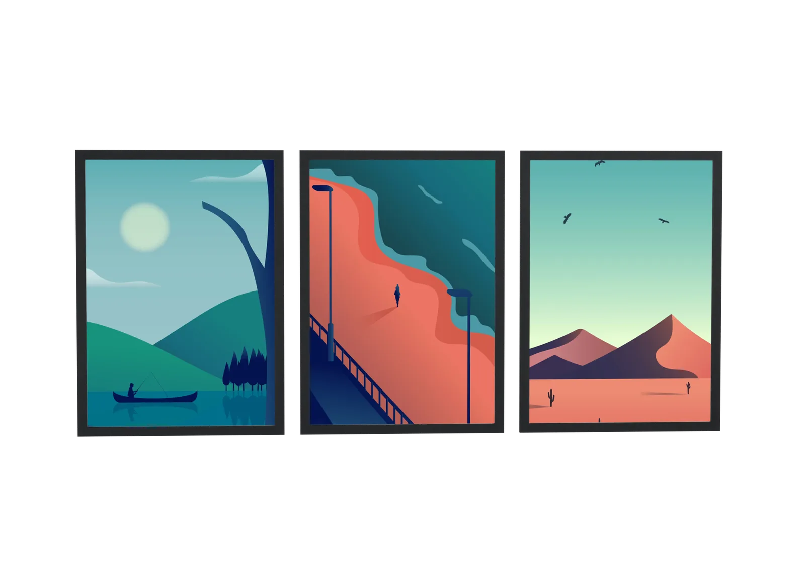 Trio de lago, ponte e deserto em verde-água
