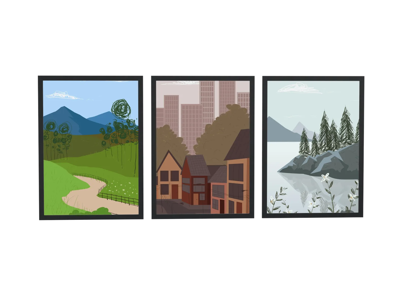 Trio de vilarejo e paisagem montanhosa