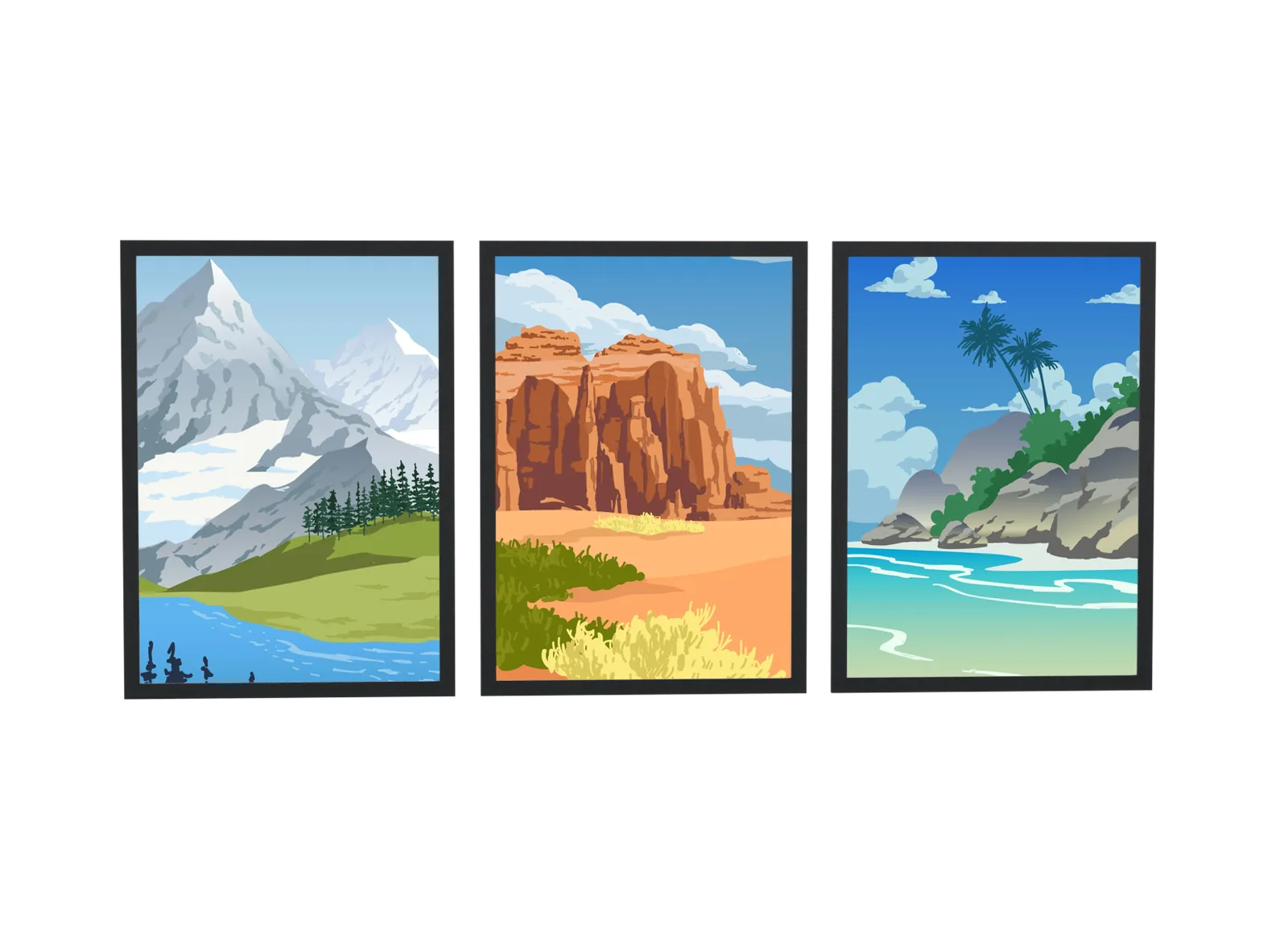 Trio de montanha, cânion e ilha tropical