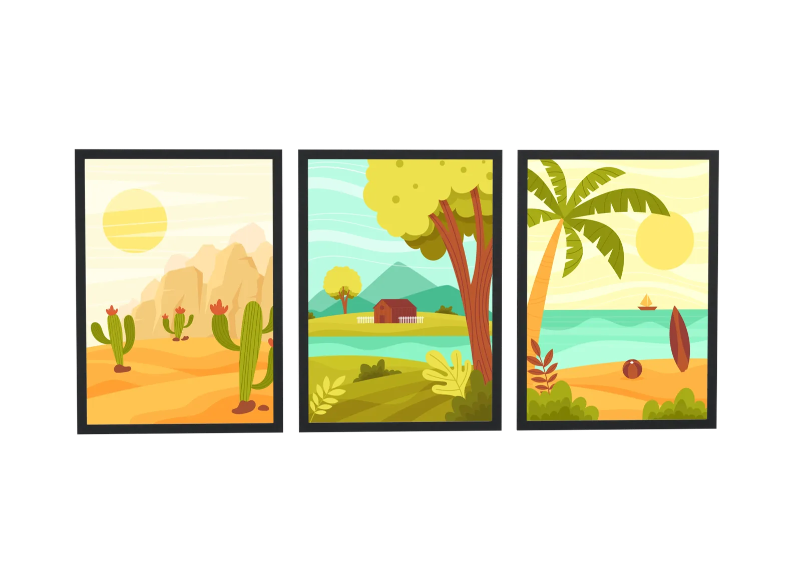 Trio de deserto, campo e praia com palmeira