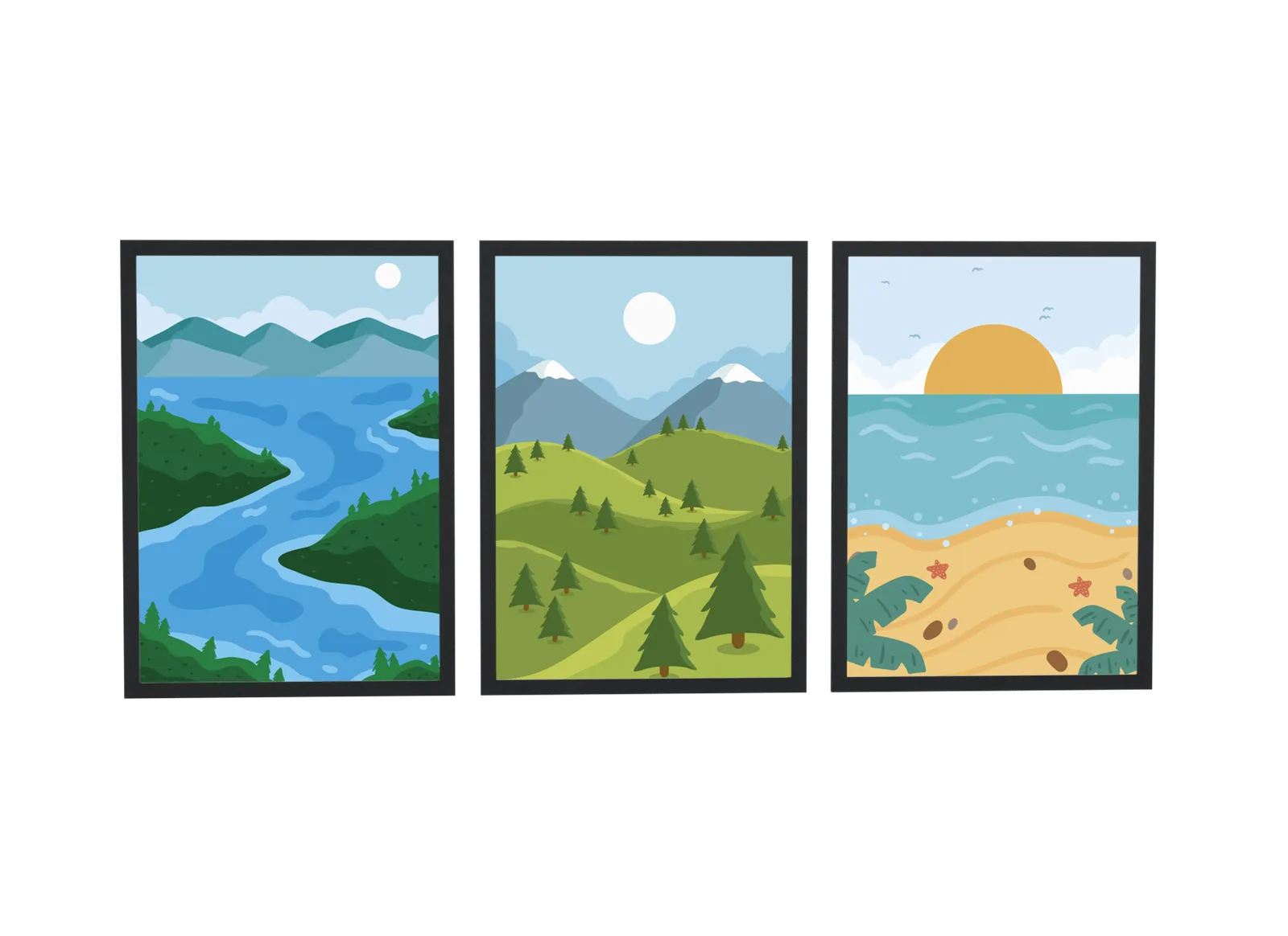 Trio de rio, colinas e praia em verde e azul