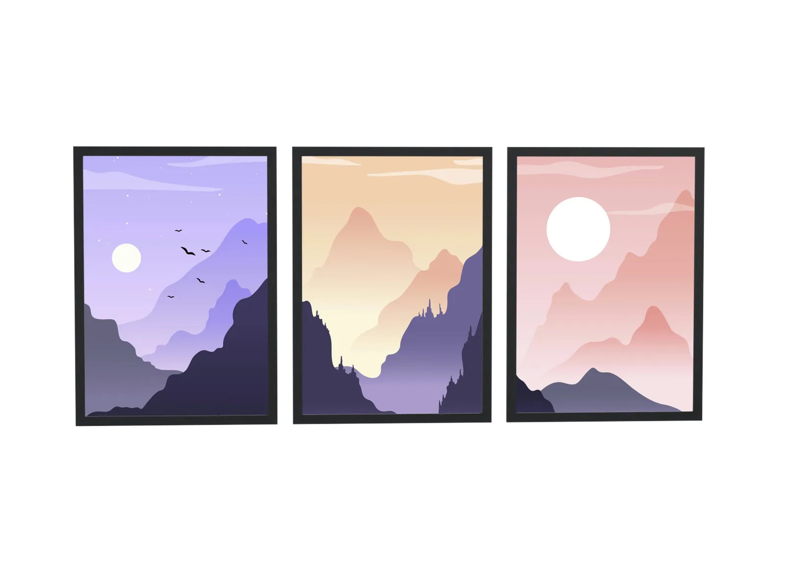 Trio de montanhas em degradê roxo e rosa