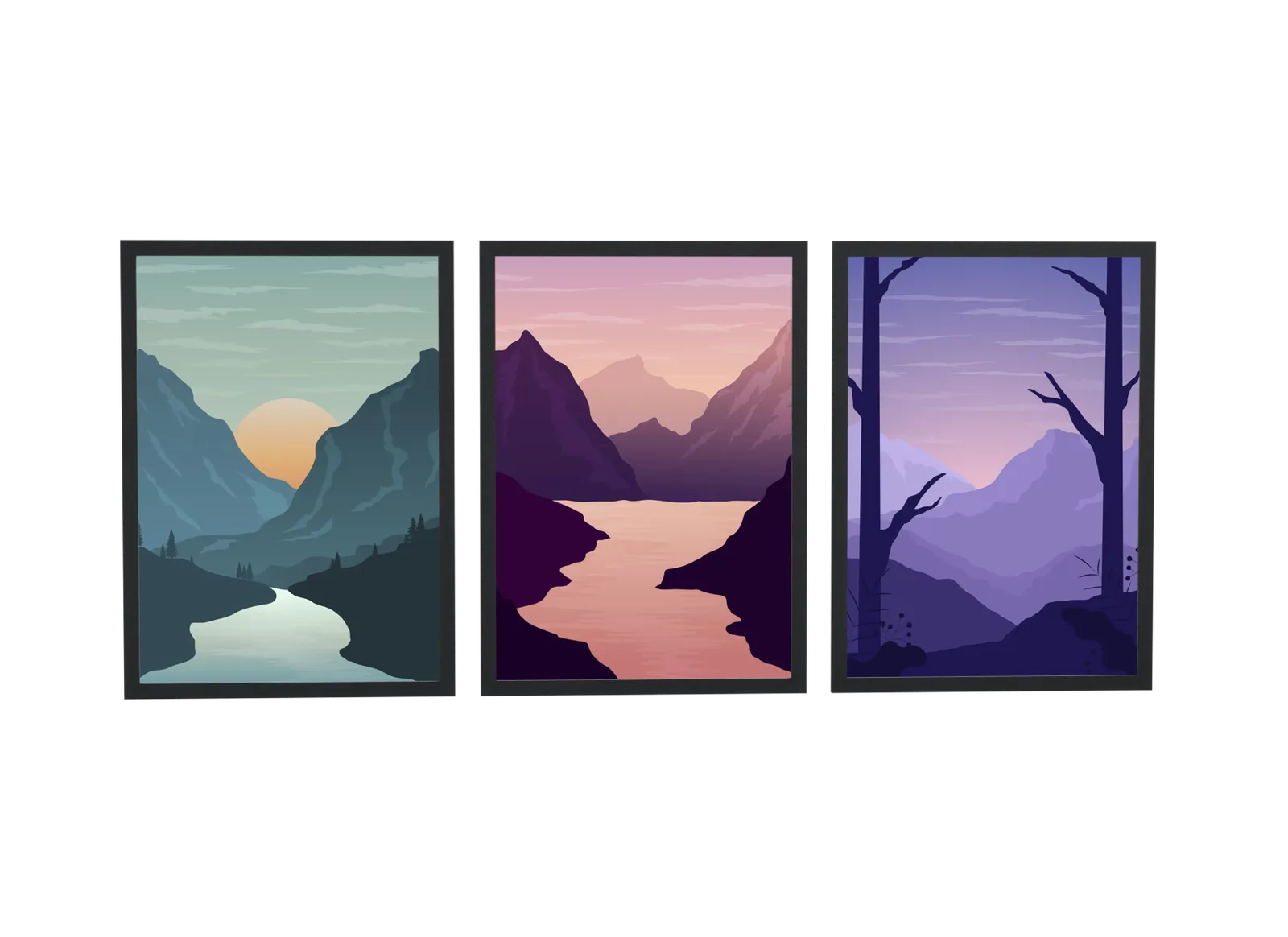 Trio de rio entre montanhas em tons de roxo