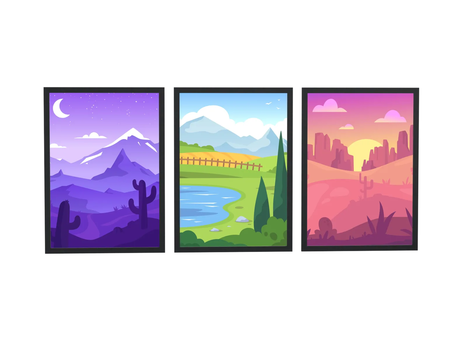 Trio de deserto e cactos em roxo e rosa