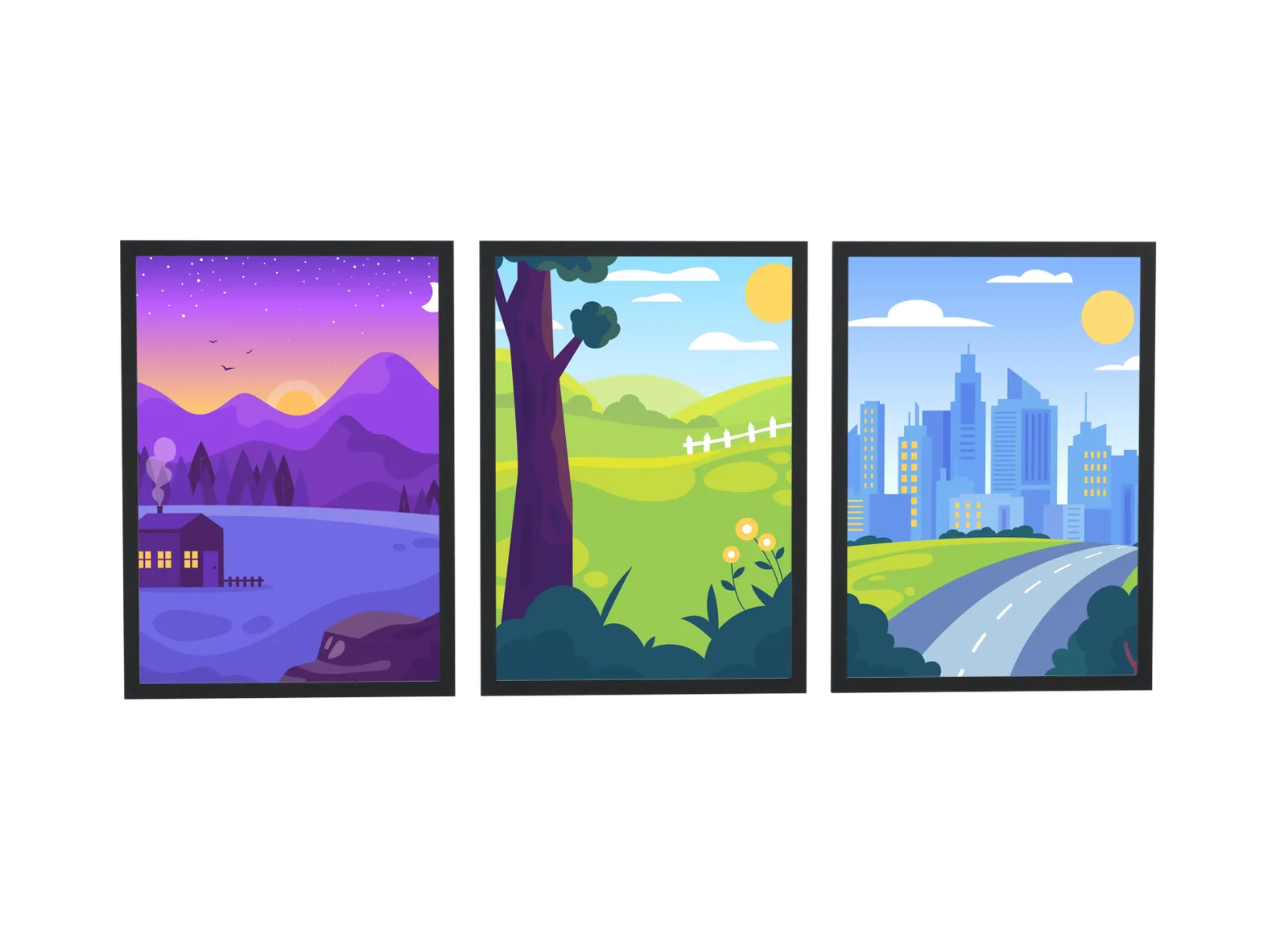 Trio de casa no campo e skyline da cidade