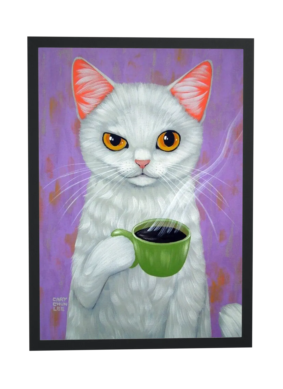 Gato branco com xícara de café