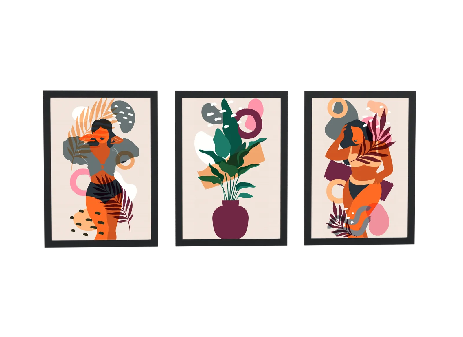 Trio boho de mulheres com folhagem