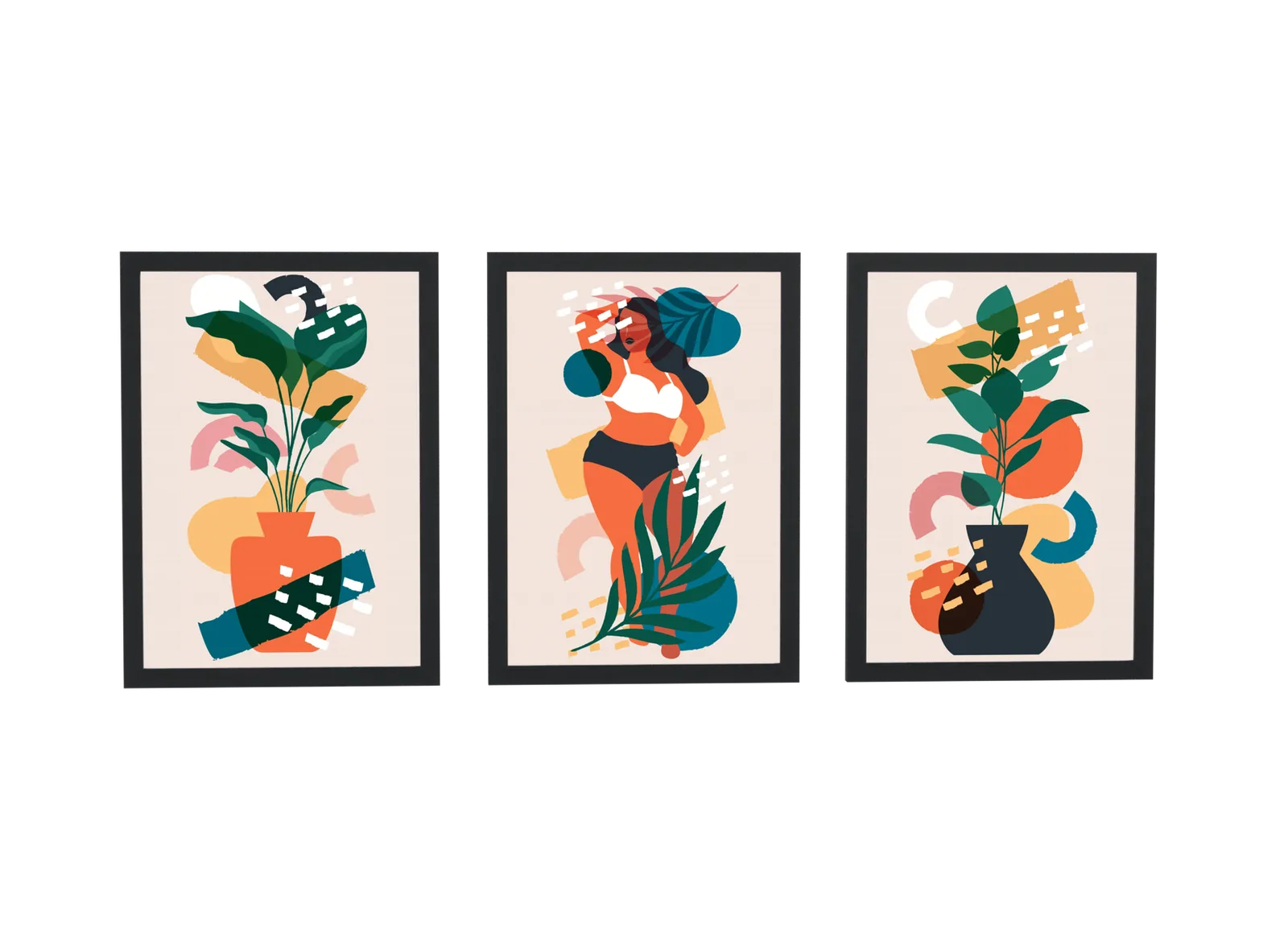 Trio boho de vasos com plantas e mulher