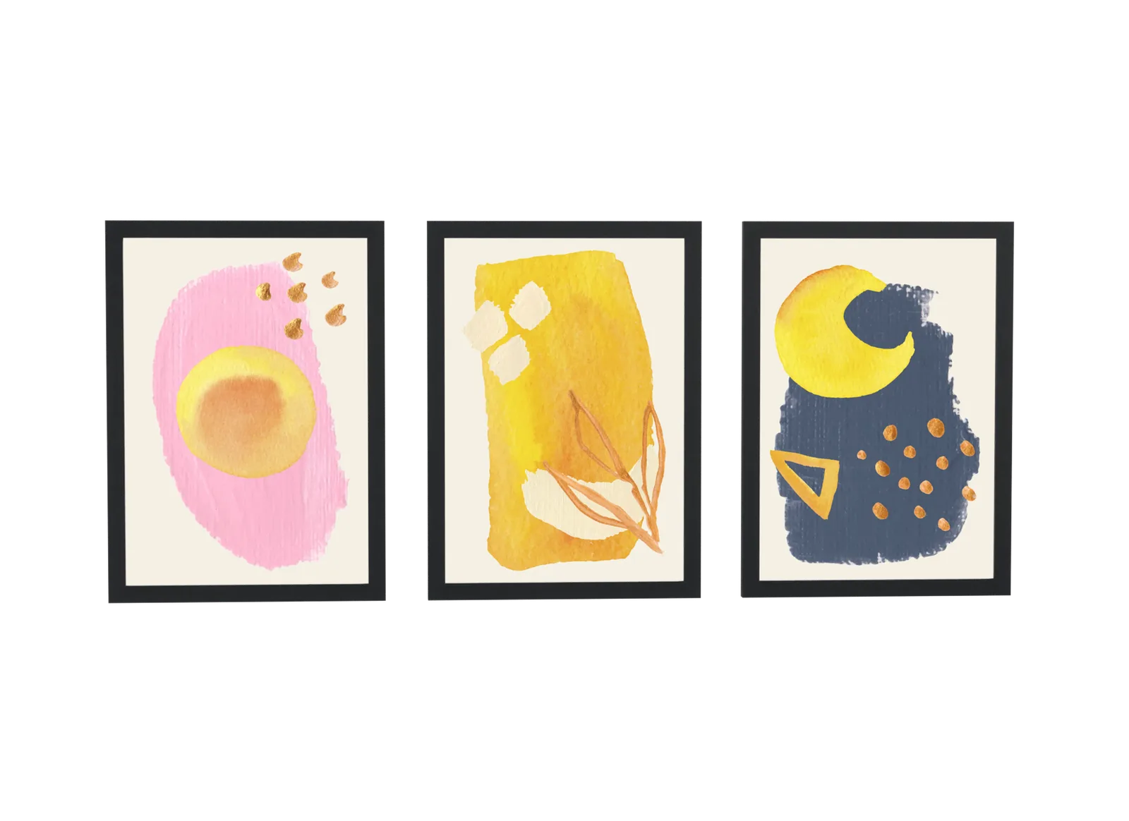 Trio aquarela em rosa, mostarda e azul-marinho