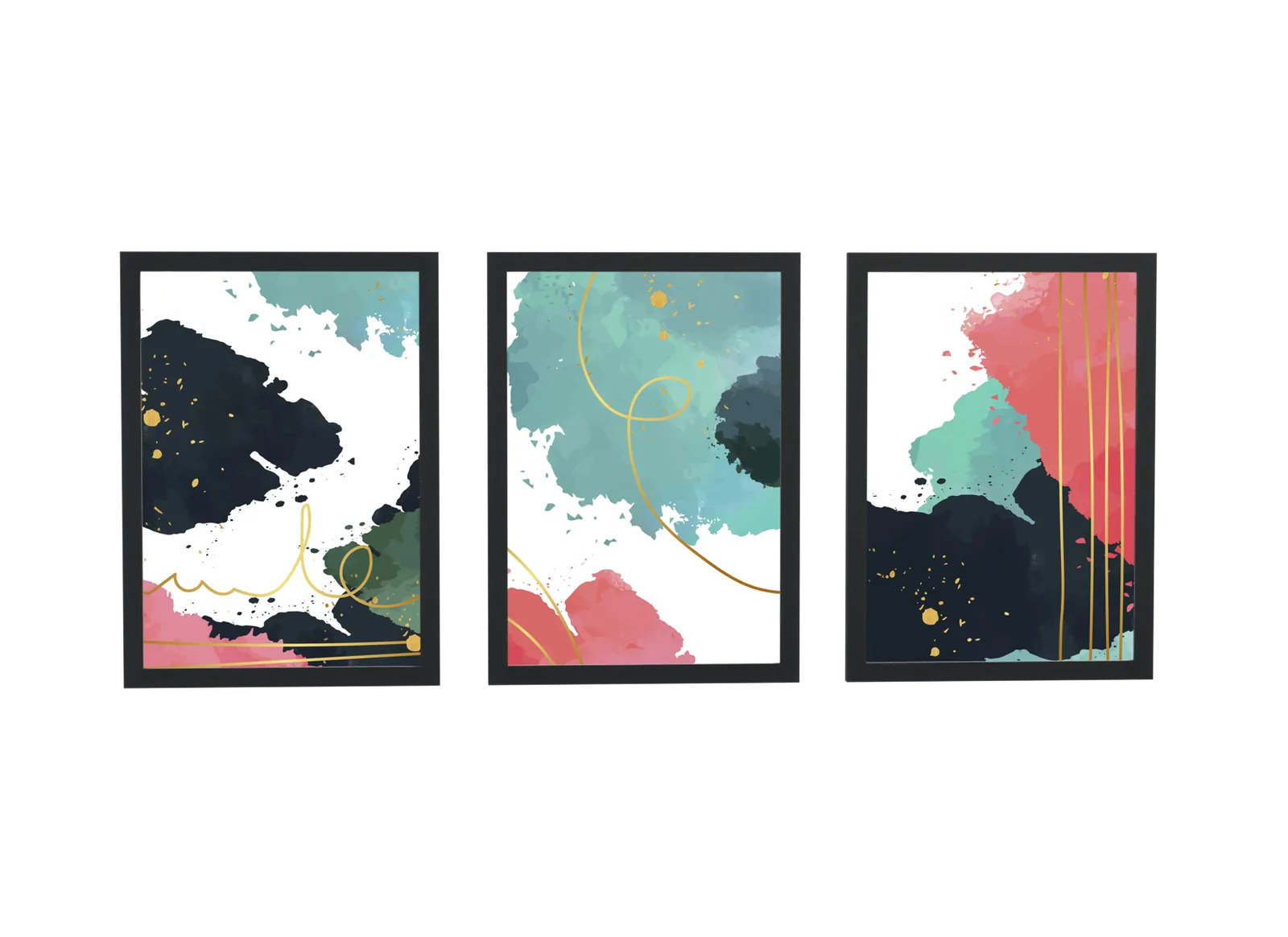 Trio aquarela em preto, verde-água e rosa