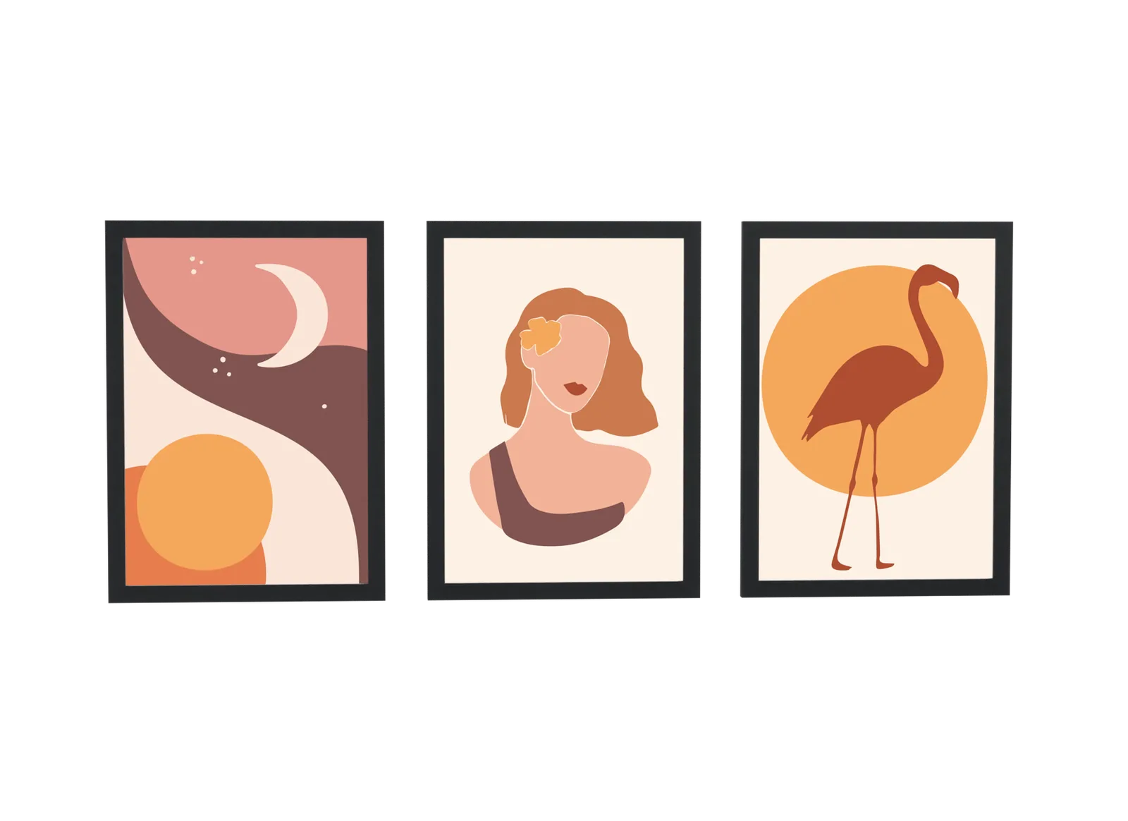 Trio boho de lua, mulher e flamingo