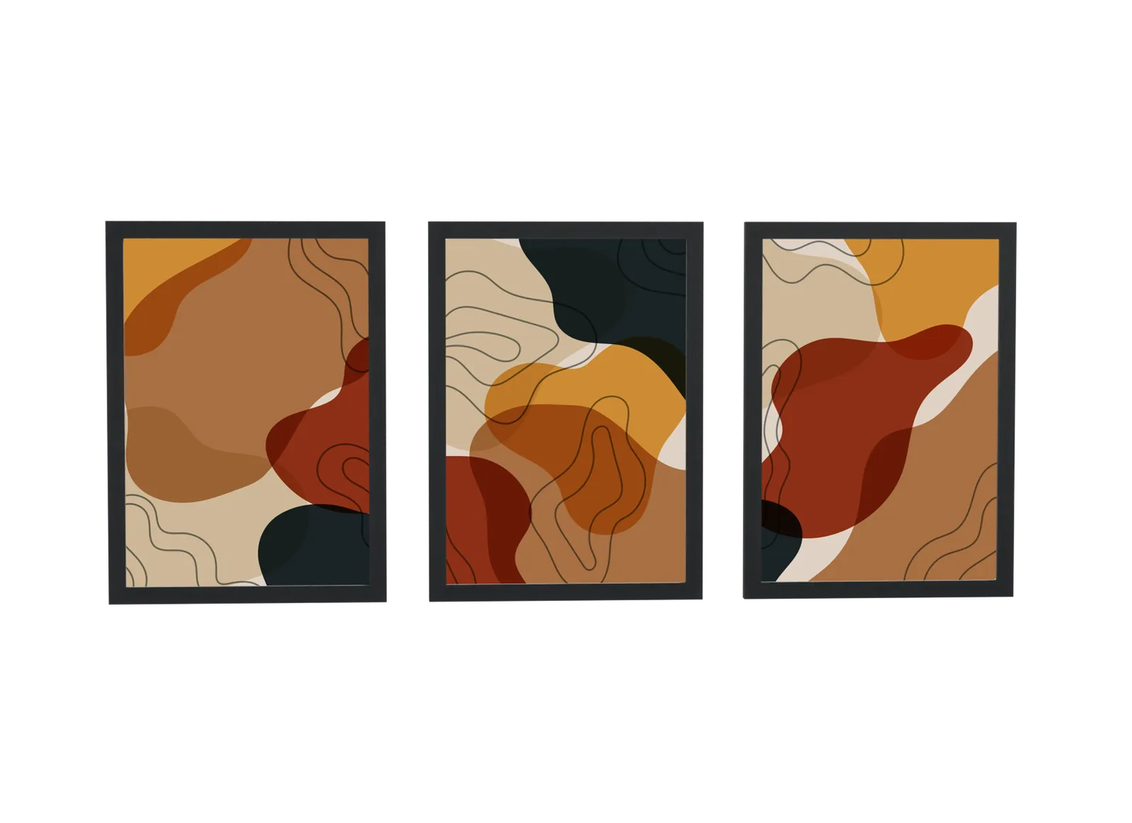 Trio abstrato em terracota e mostarda
