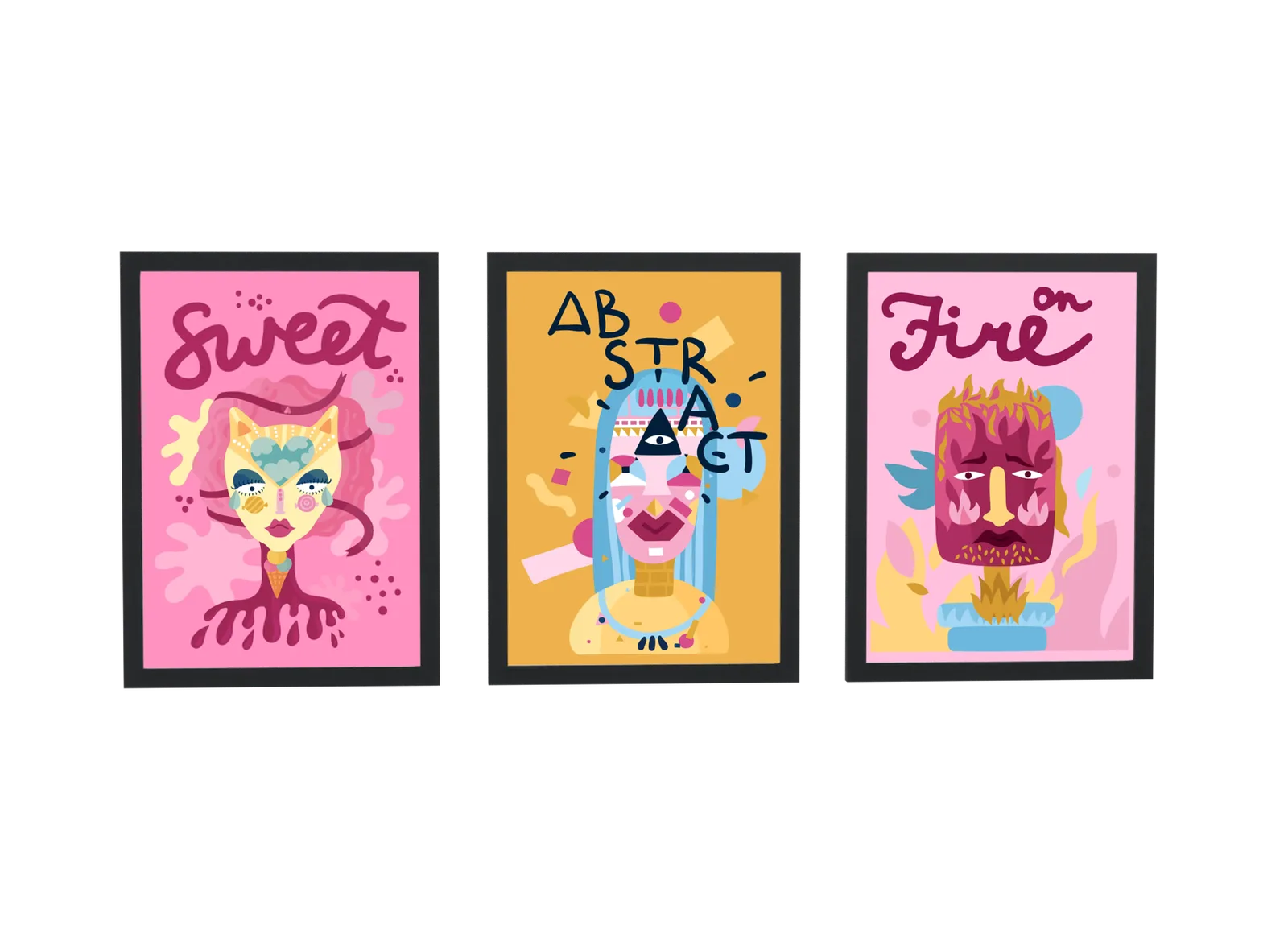 Trio pop art de gata, cubismo e fogo