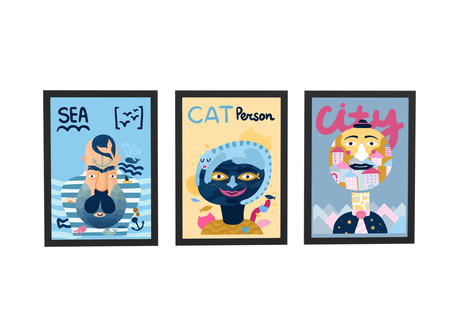 Trio pop art de marinheiro, gato e cidade