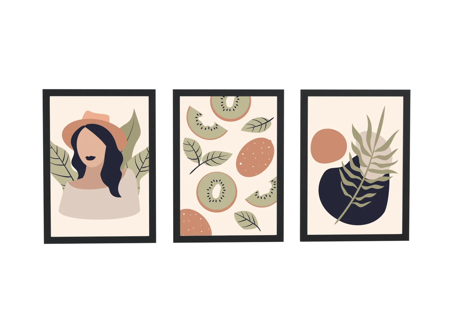 Trio ilustrado de mulher, kiwi e folha