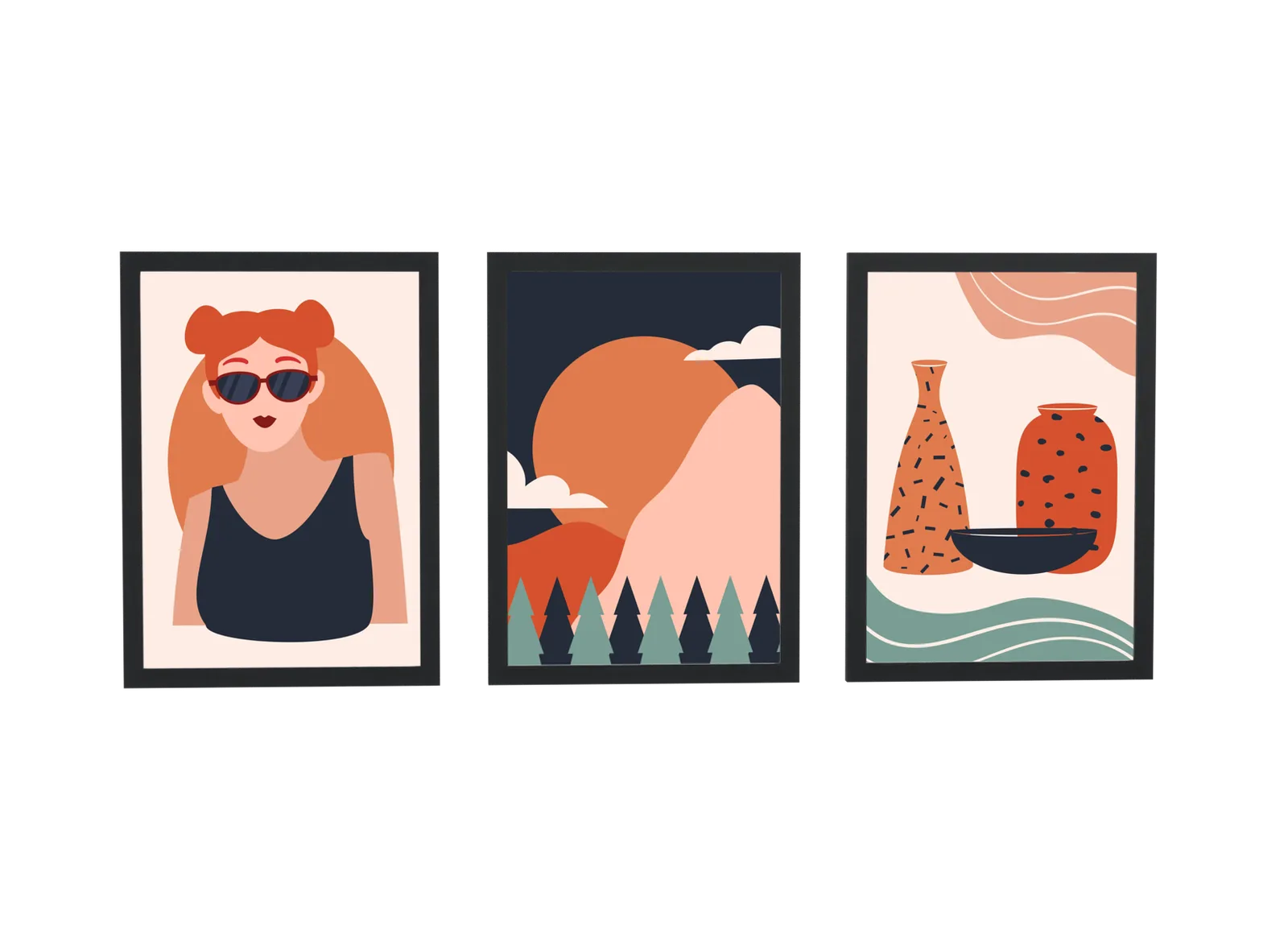 Trio ilustrado de mulher, paisagem e vasos