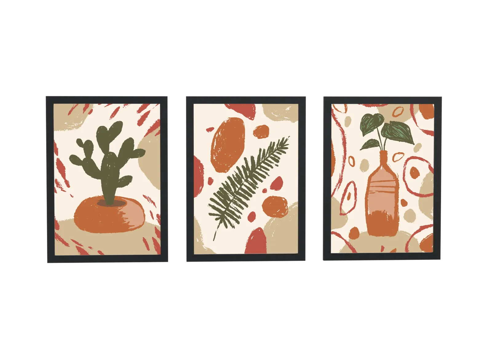 Trio boho de cacto, folha e vaso