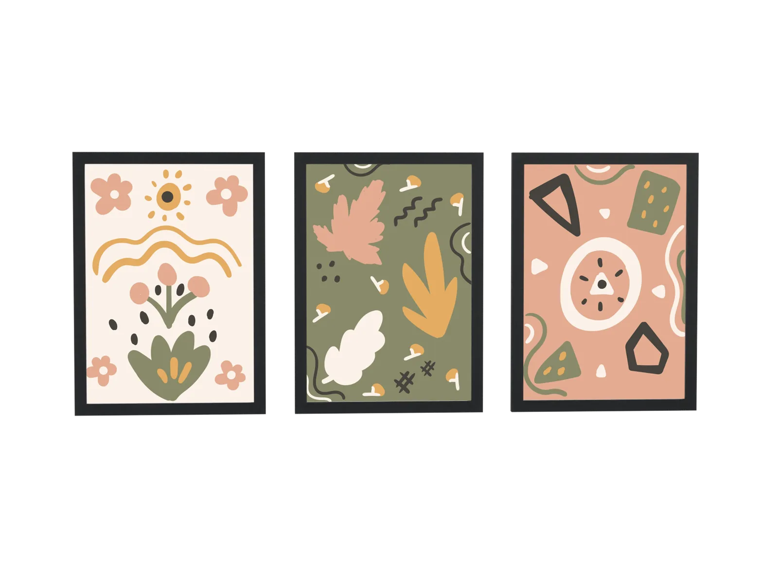 Trio folk de flores e folhas em verde-oliva