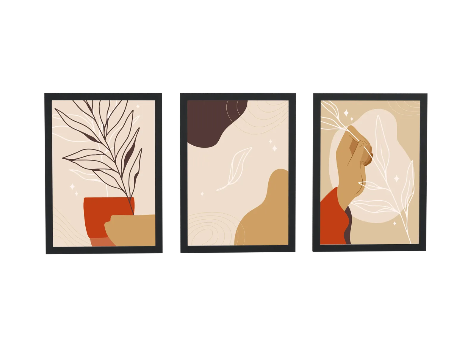 Trio boho de planta, formas e retrato