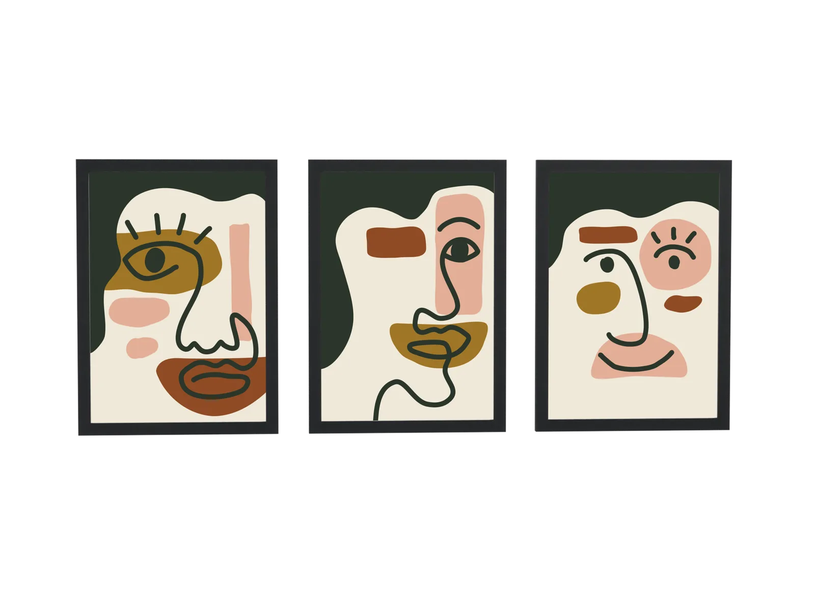 Trio de rostos abstratos em traço minimalista