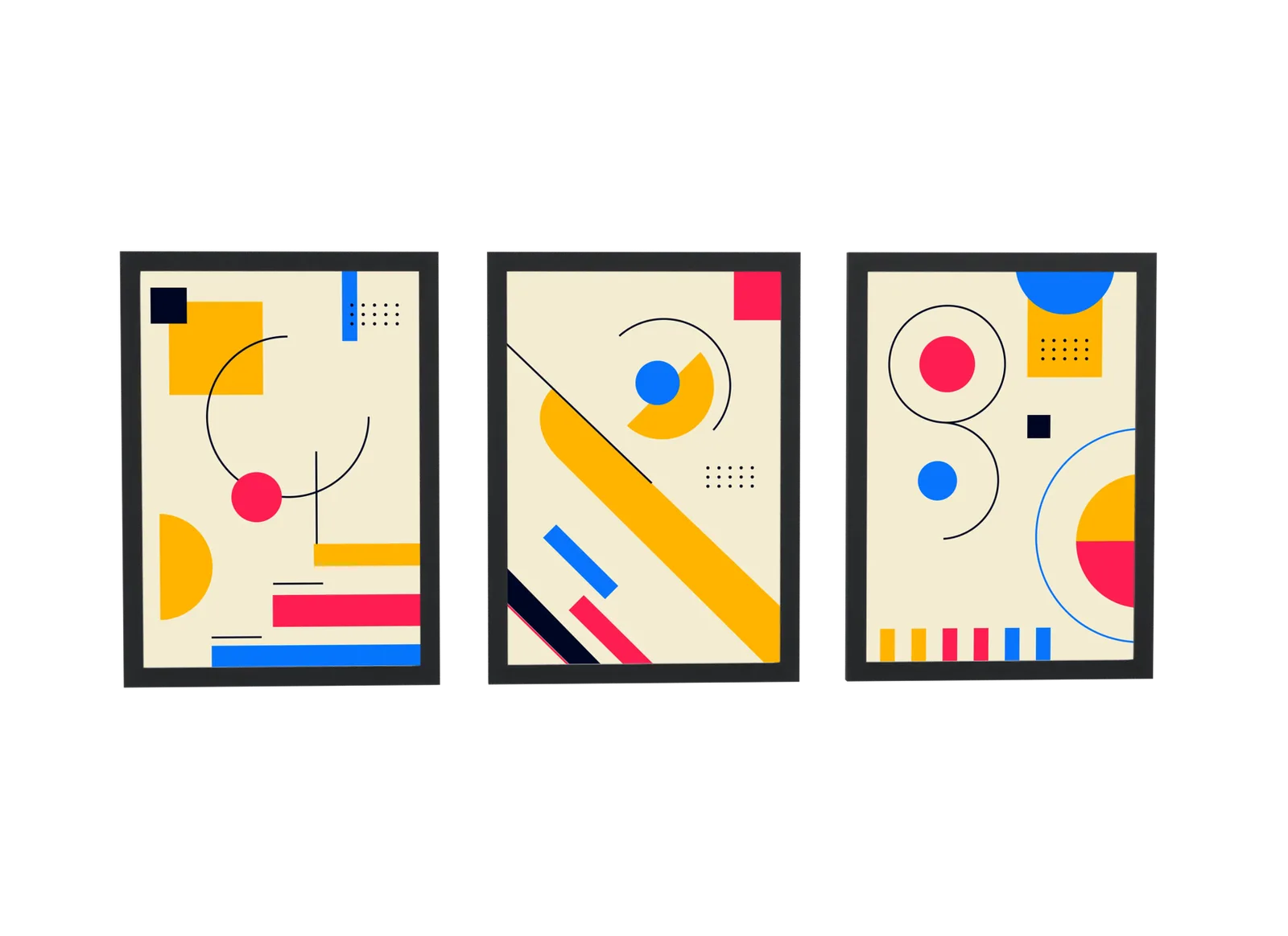 Trio memphis em amarelo, azul e vermelho
