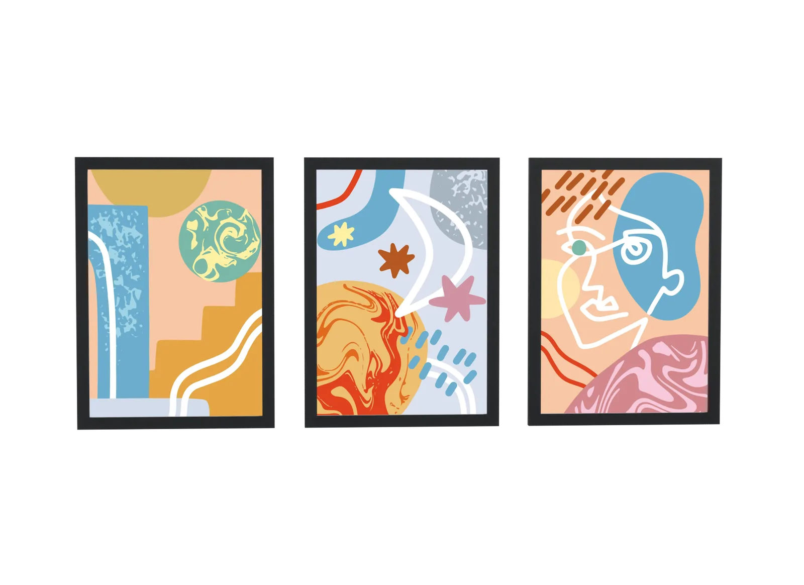 Trio abstrato de esferas e rosto em linha