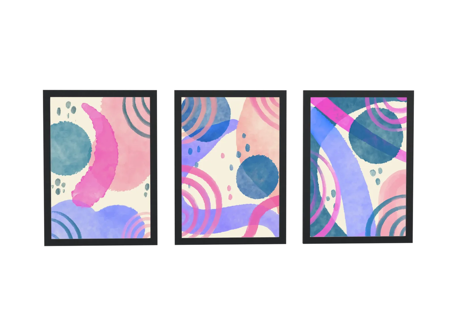 Trio abstrato em aquarela magenta e azul