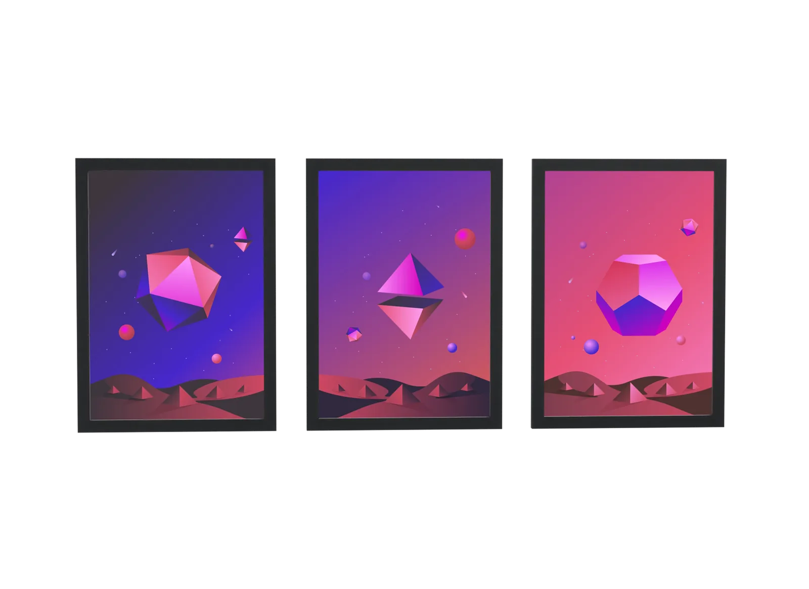 Trio 3D de cristais sobre céu gradiente
