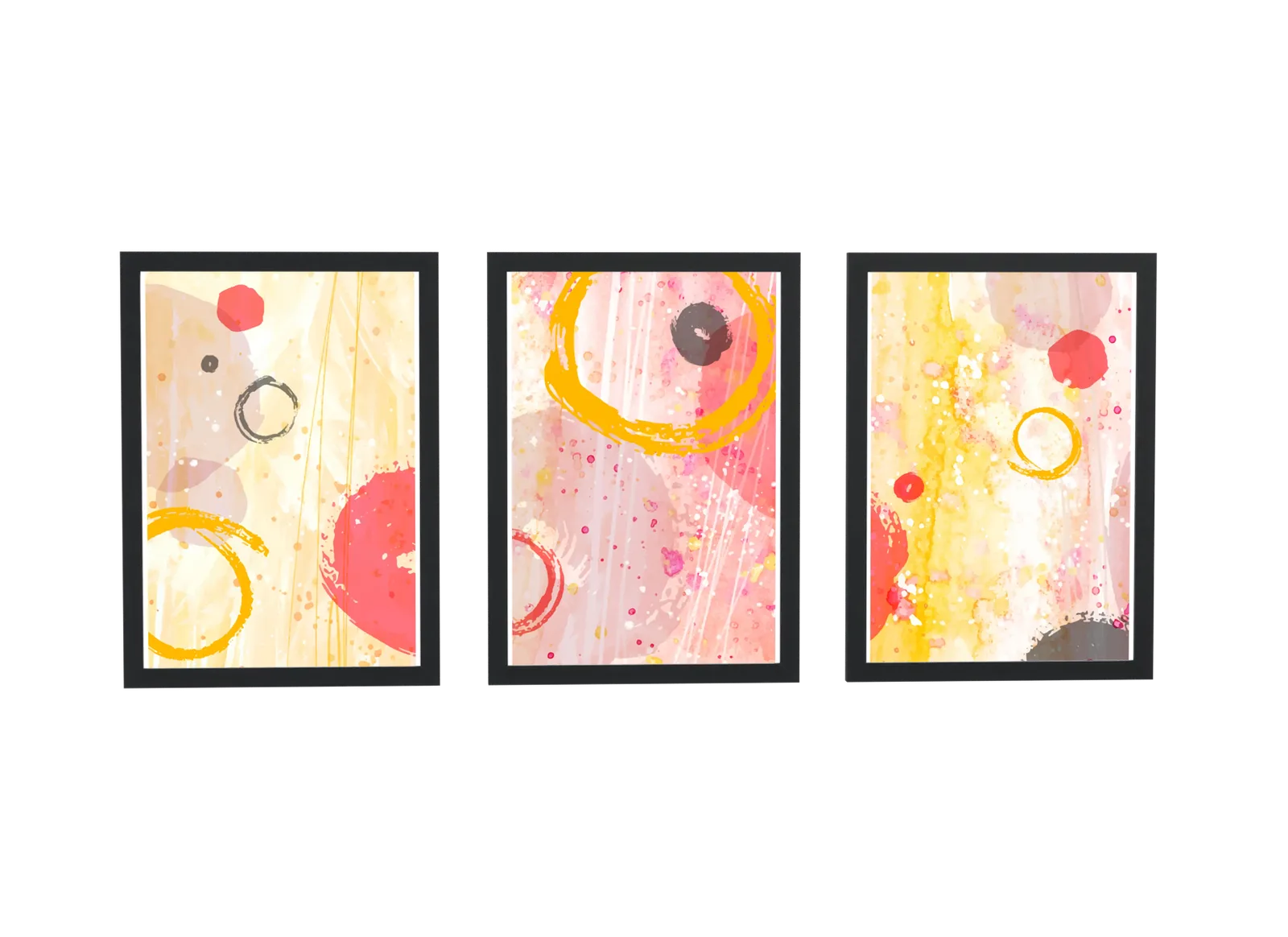 Trio abstrato em aquarela dourada e coral