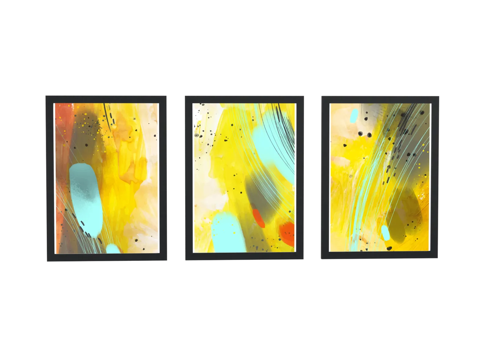 Trio abstrato em pincelada amarela e turquesa