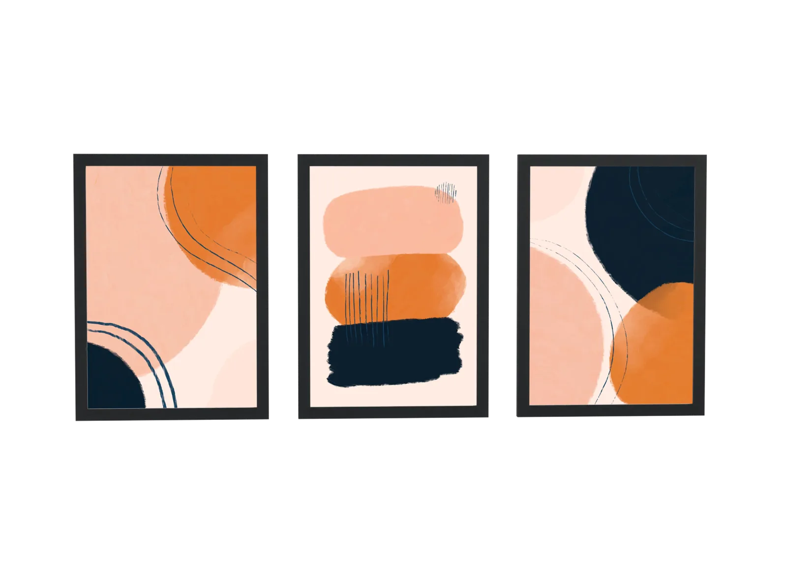 Trio abstrato em laranja e azul-marinho