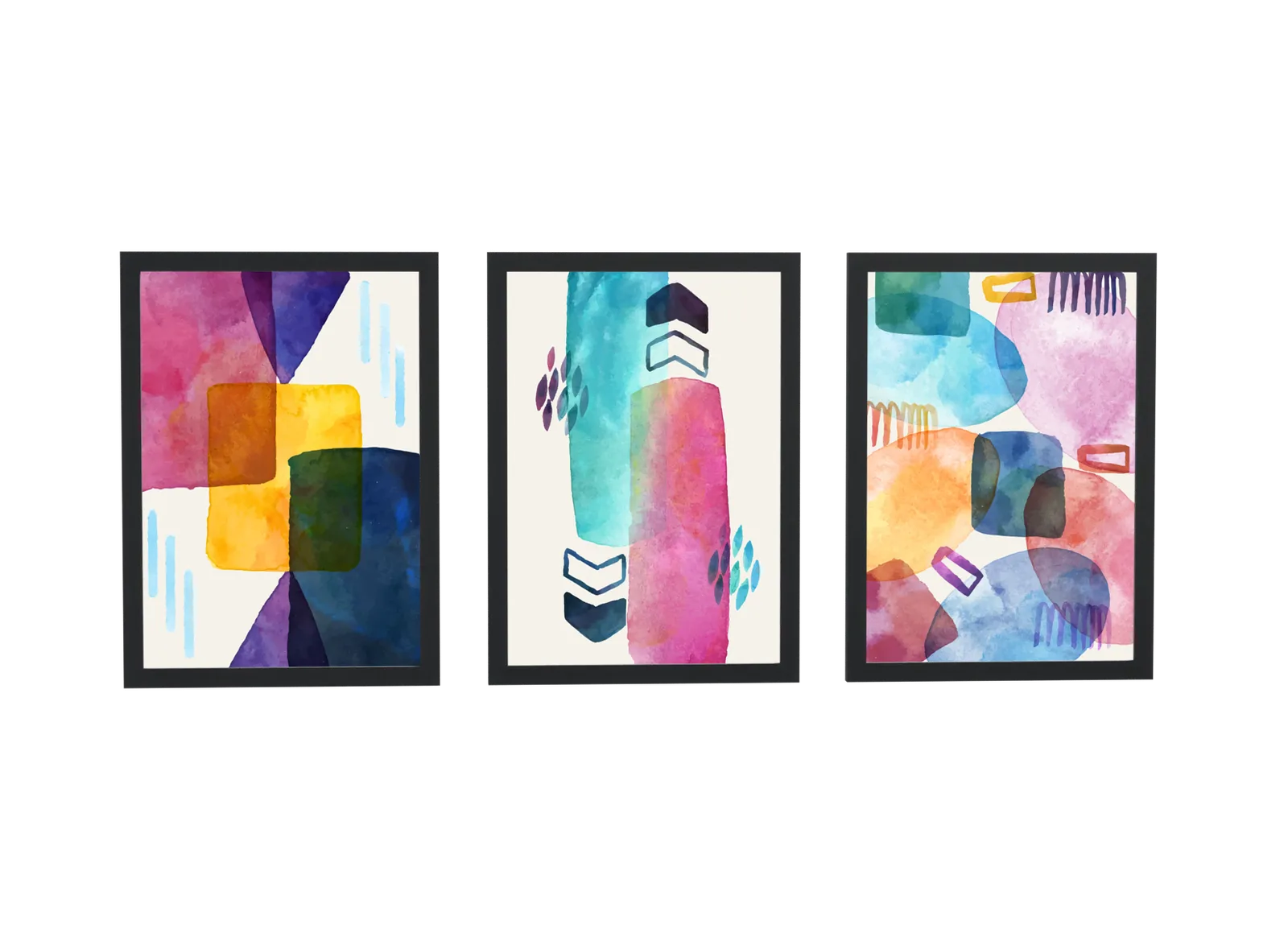 Trio abstrato geométrico em magenta e turquesa