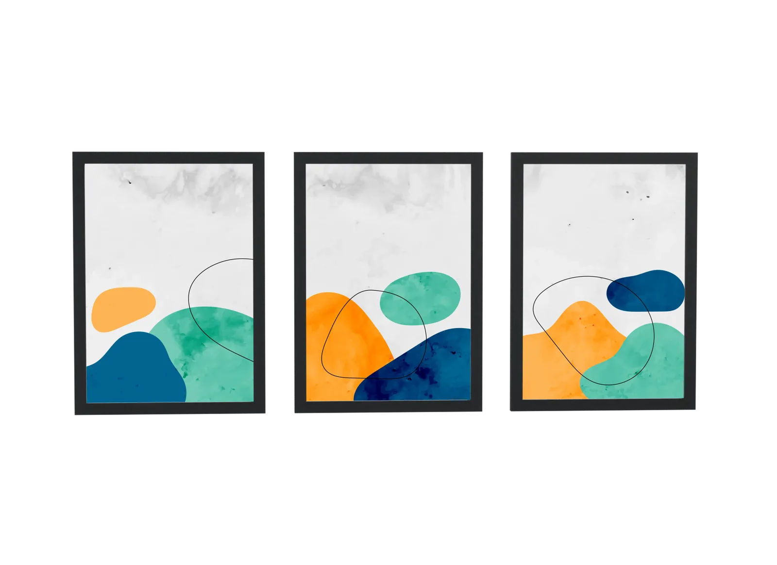Trio abstrato em aquarela azul e laranja