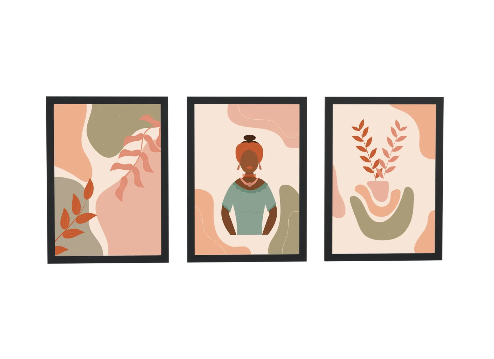 Trio ilustrado de folhas, mulher e vaso