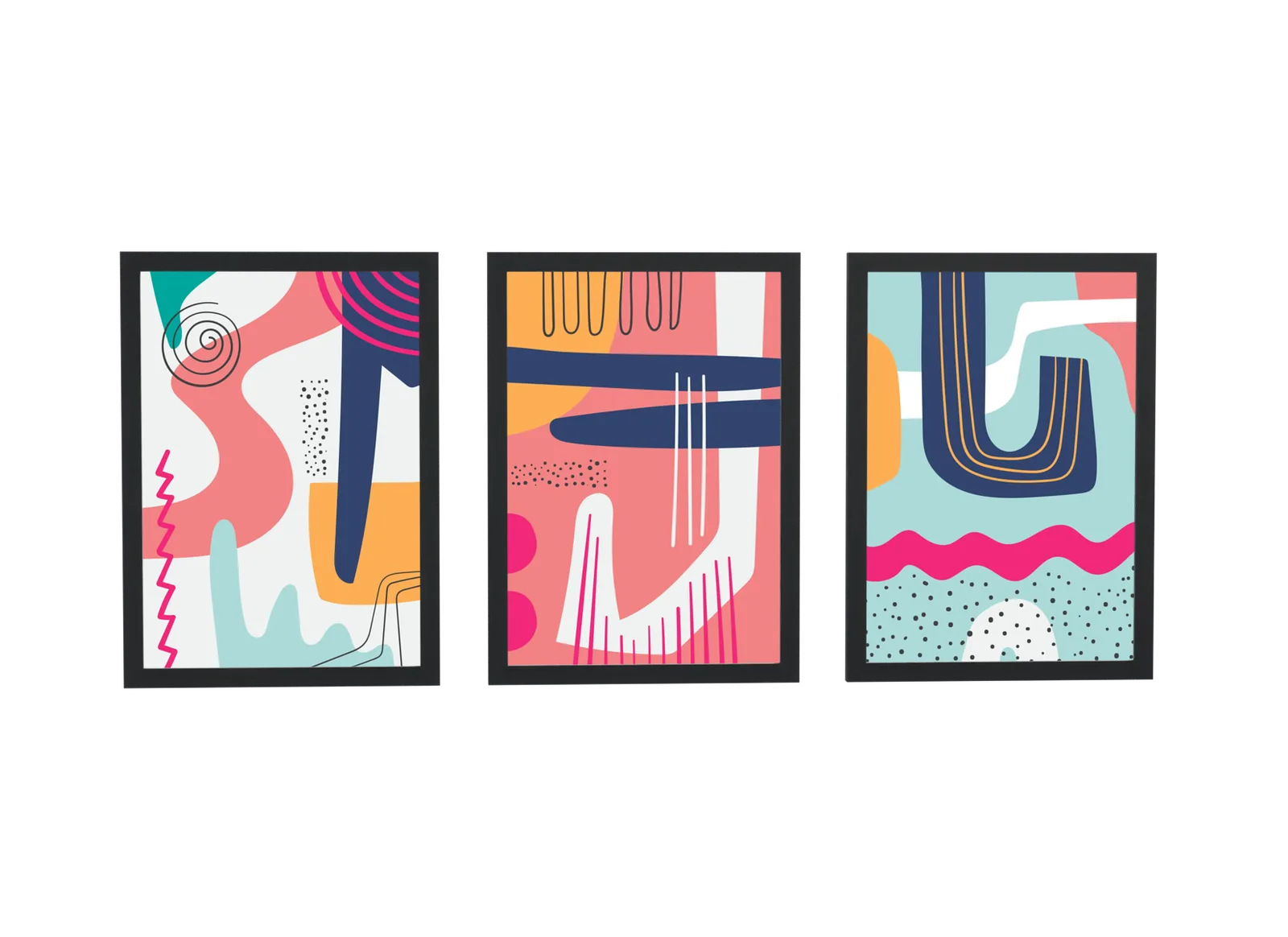 Trio abstrato de linhas em coral e azul