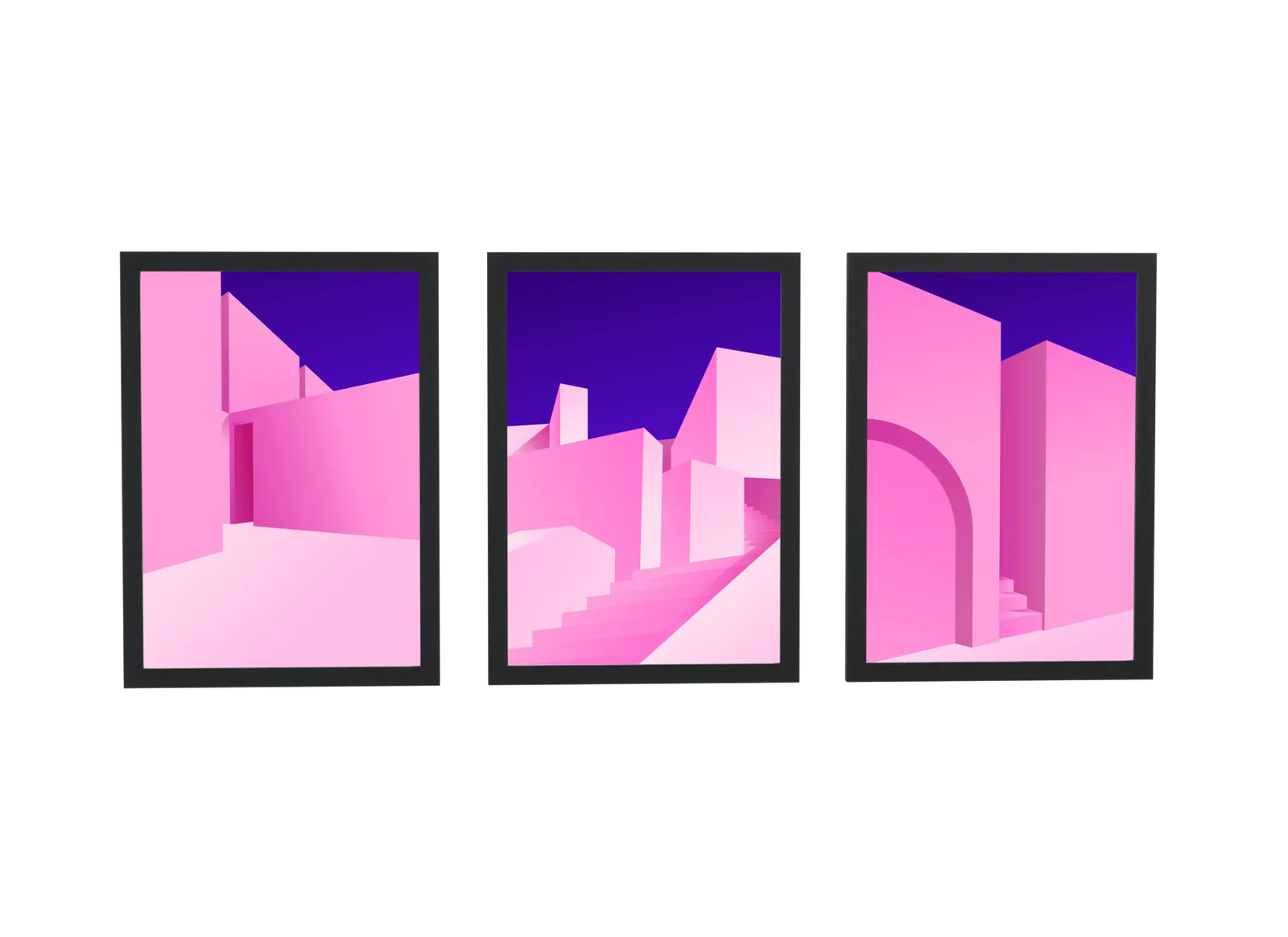 Trio arquitetônico em rosa-choque e roxo