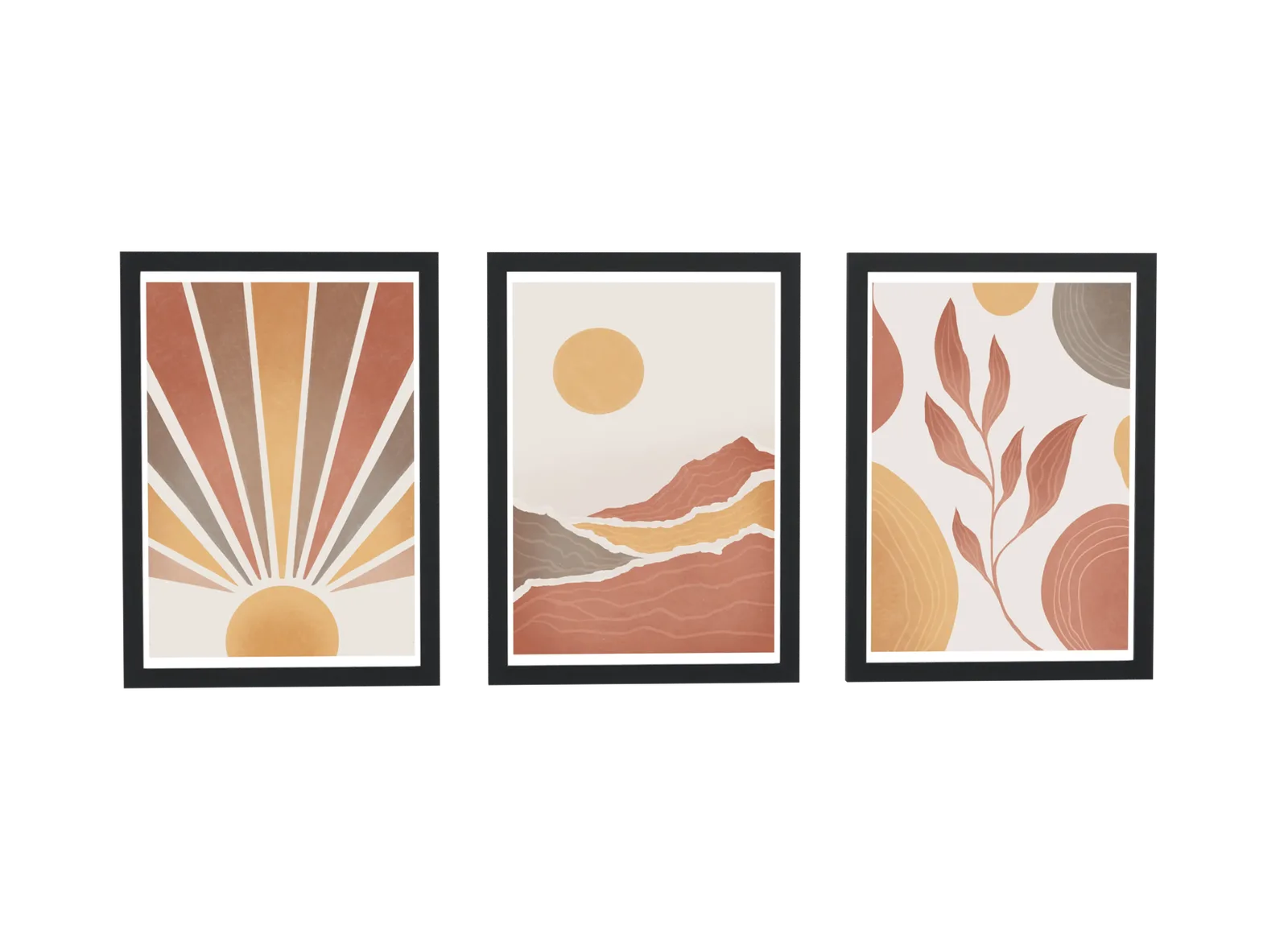 Trio boho de sol raiado e montanhas