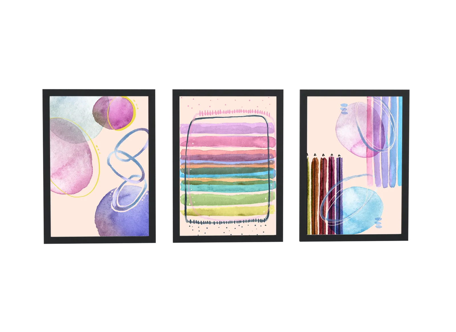Trio abstrato pastel com listras coloridas