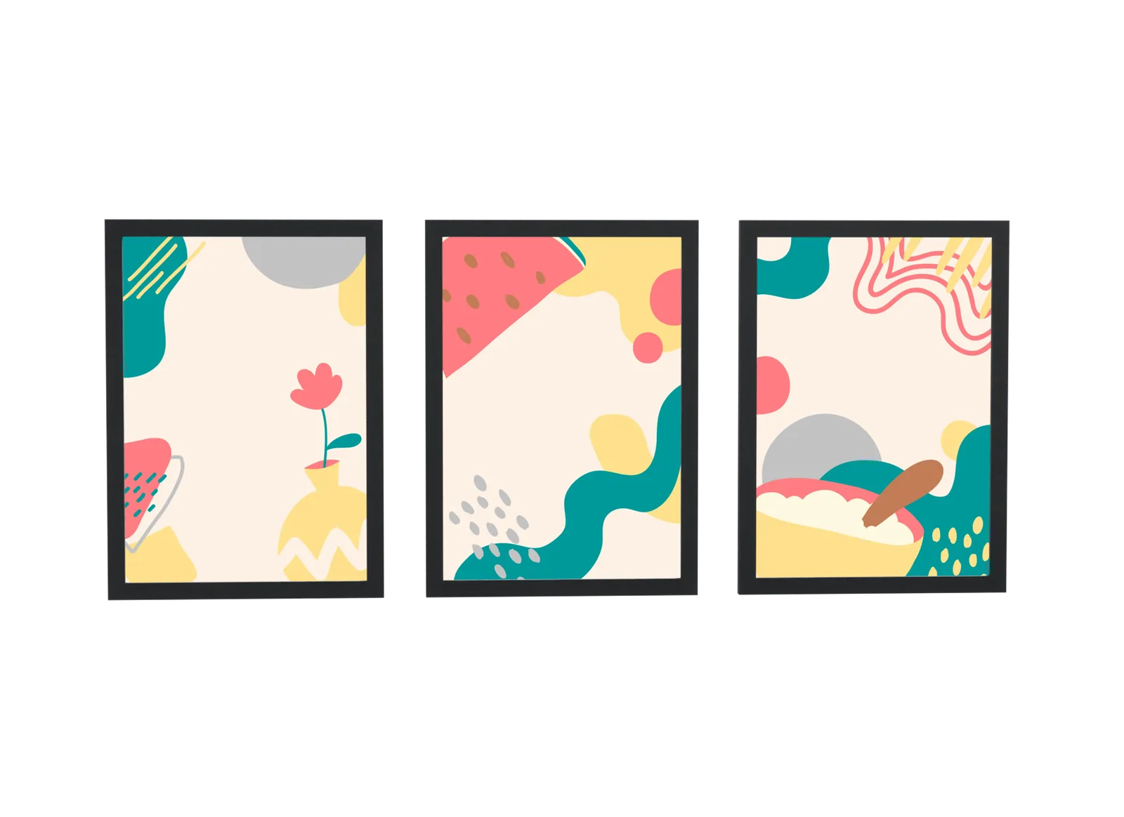 Trio ilustrado de flor, melancia e formas