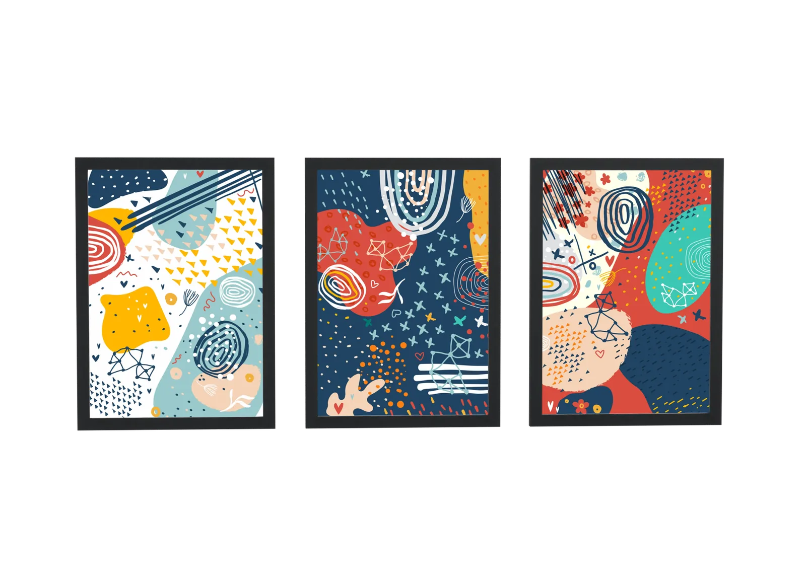 Trio abstrato doodle em azul-marinho e vermelho