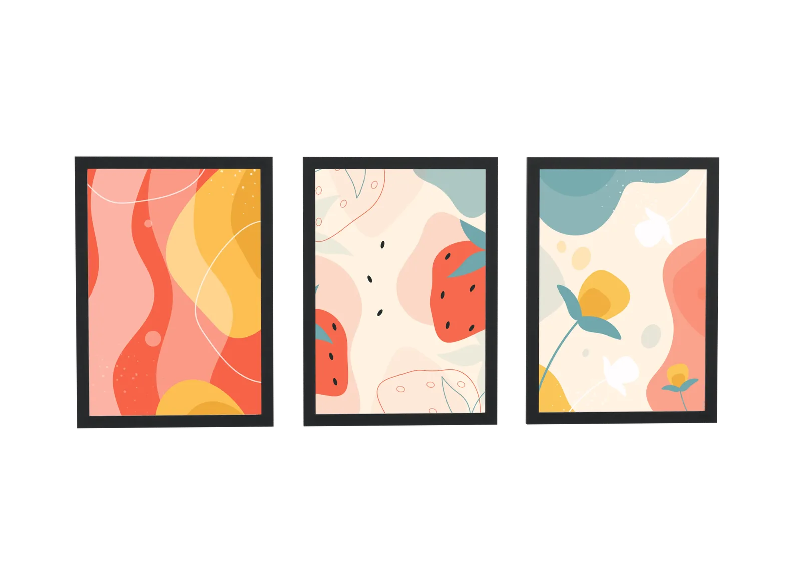Trio abstrato de melancia e flor em coral