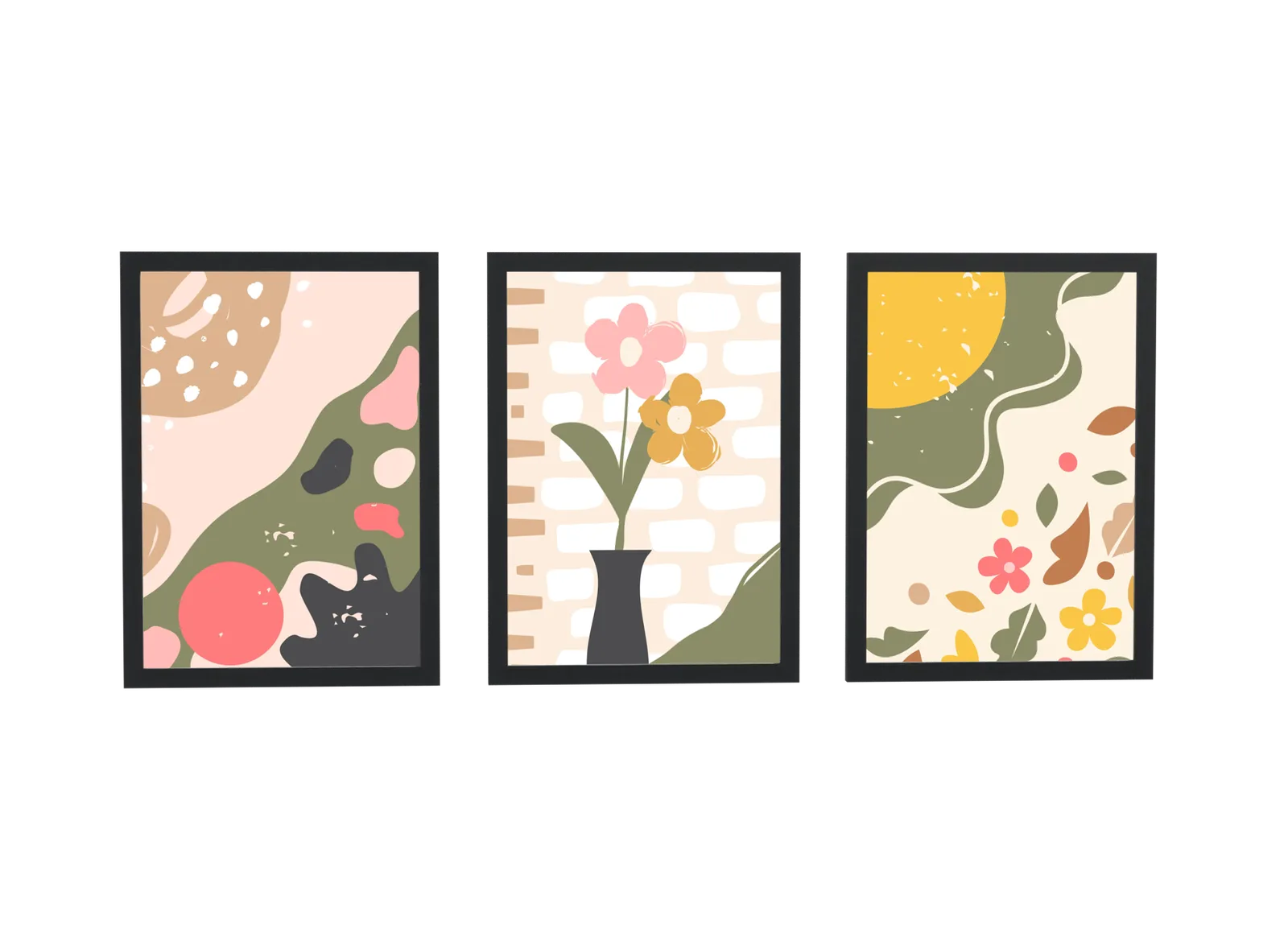 Trio botânico de flores em verde-oliva