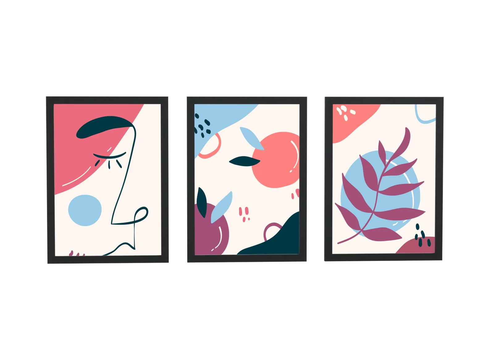 Trio ilustrado de rosto, frutas e folhas
