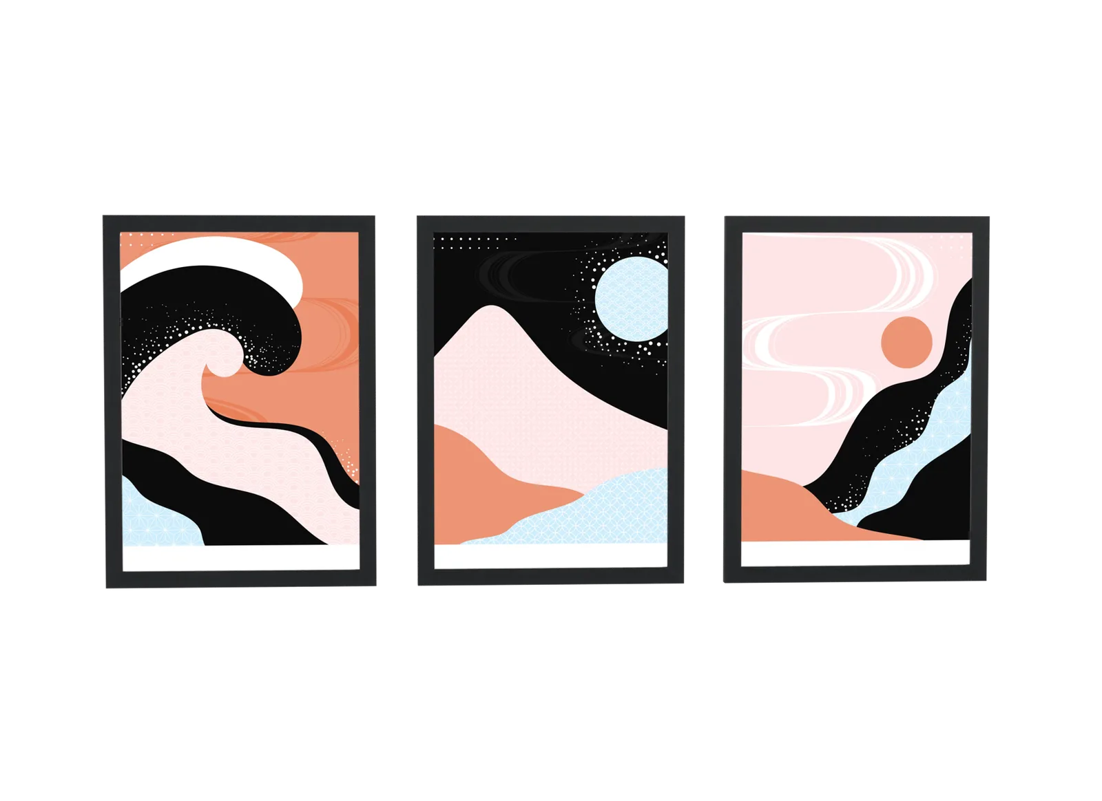Trio abstrato de ondas em preto e coral