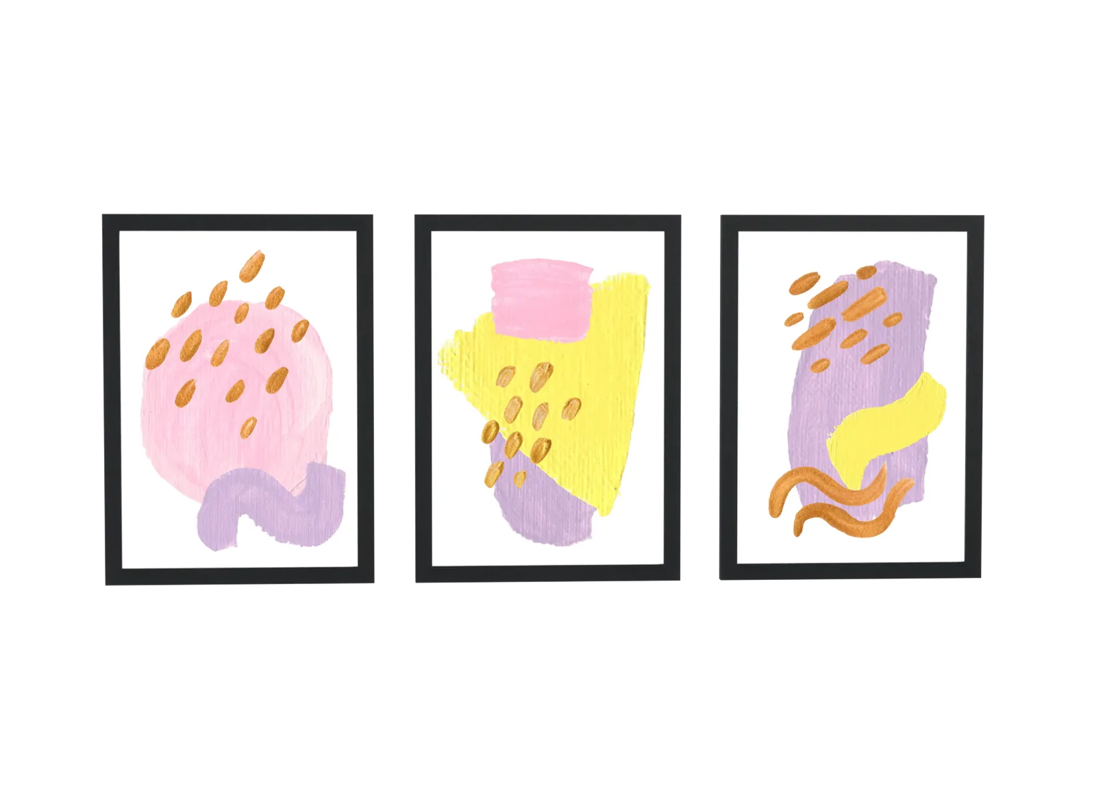 Trio abstrato pintado em rosa e mostarda