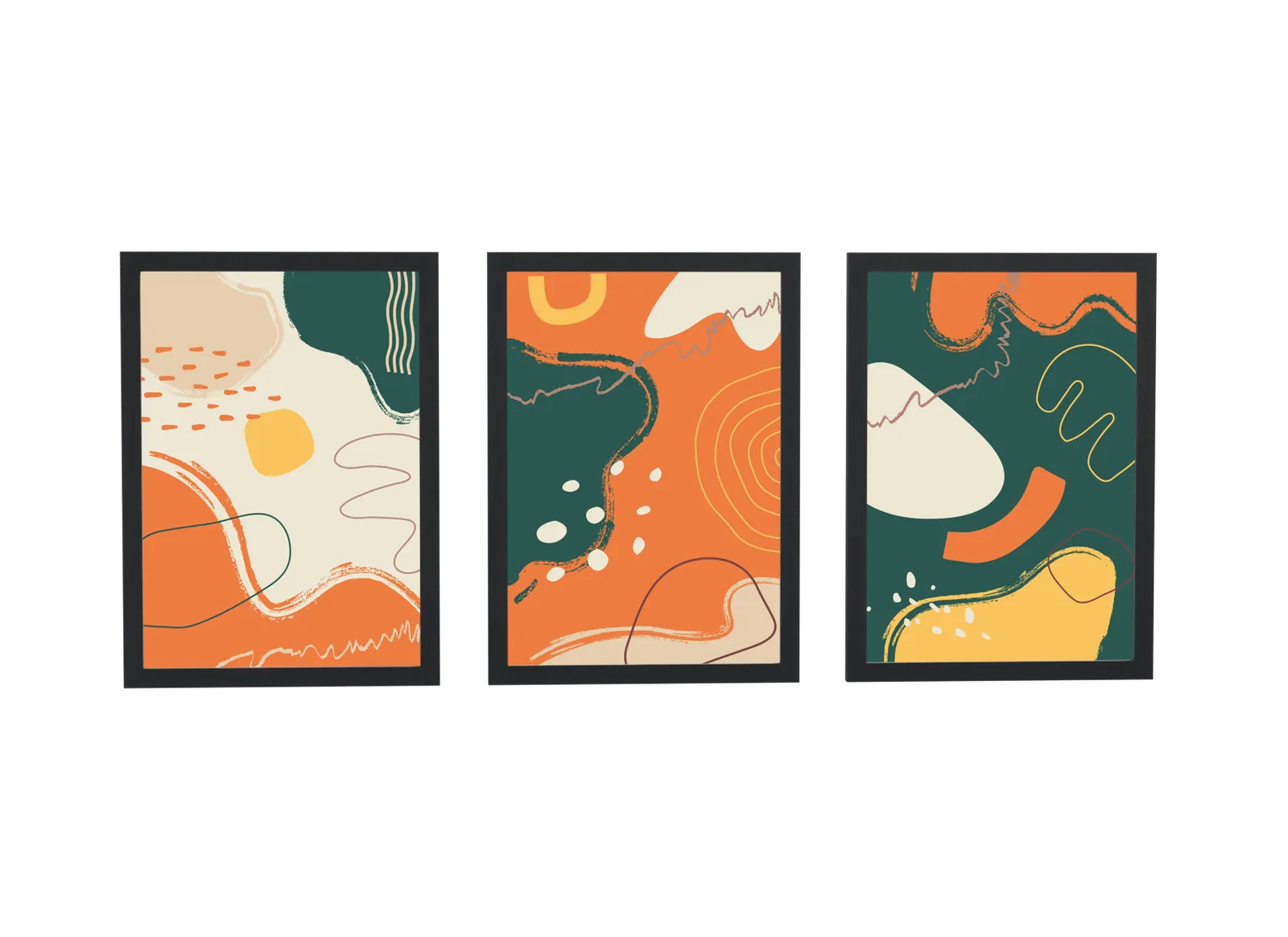 Trio abstrato em laranja e verde-escuro