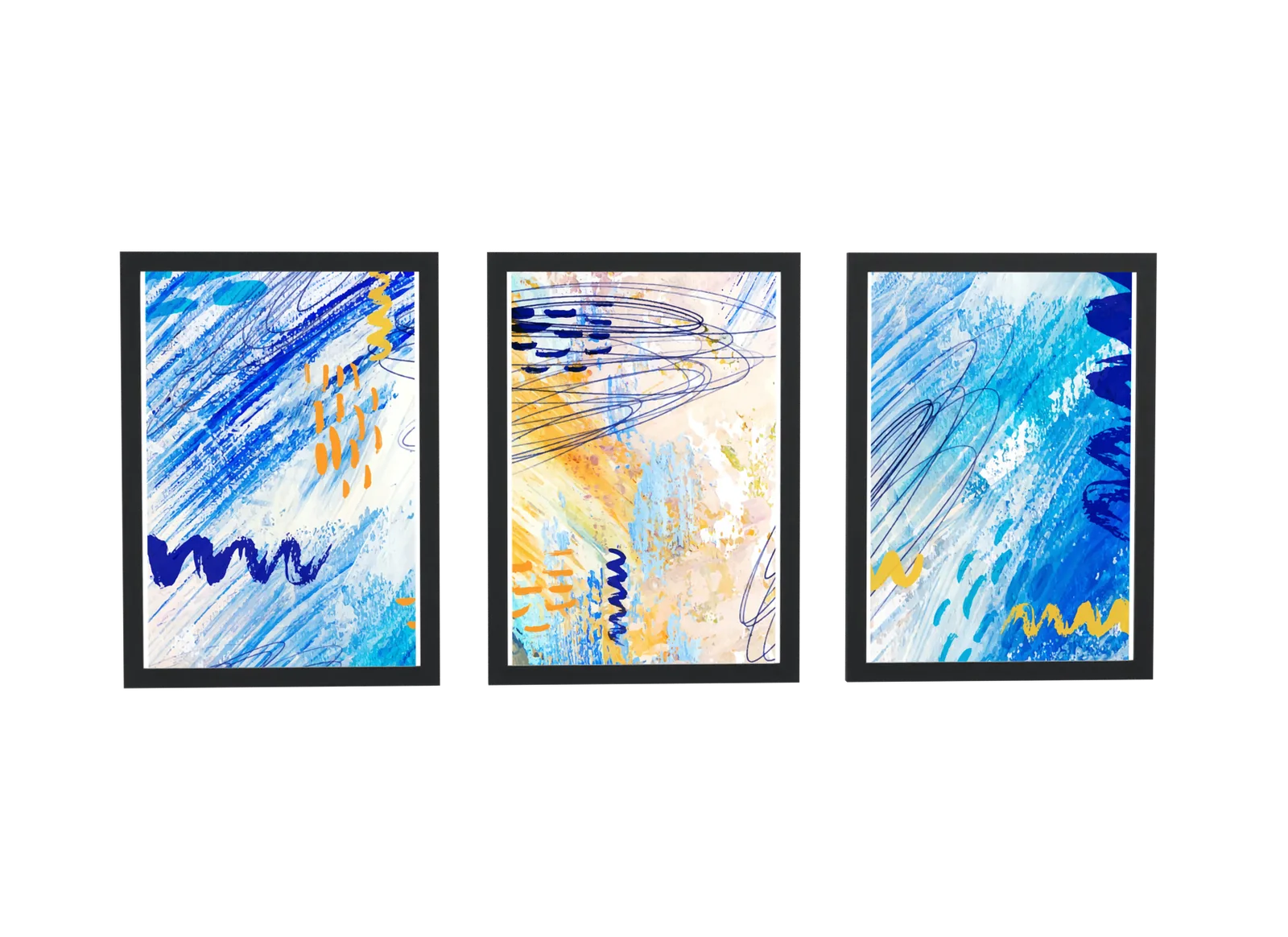Trio abstrato em pincelada azul e dourado