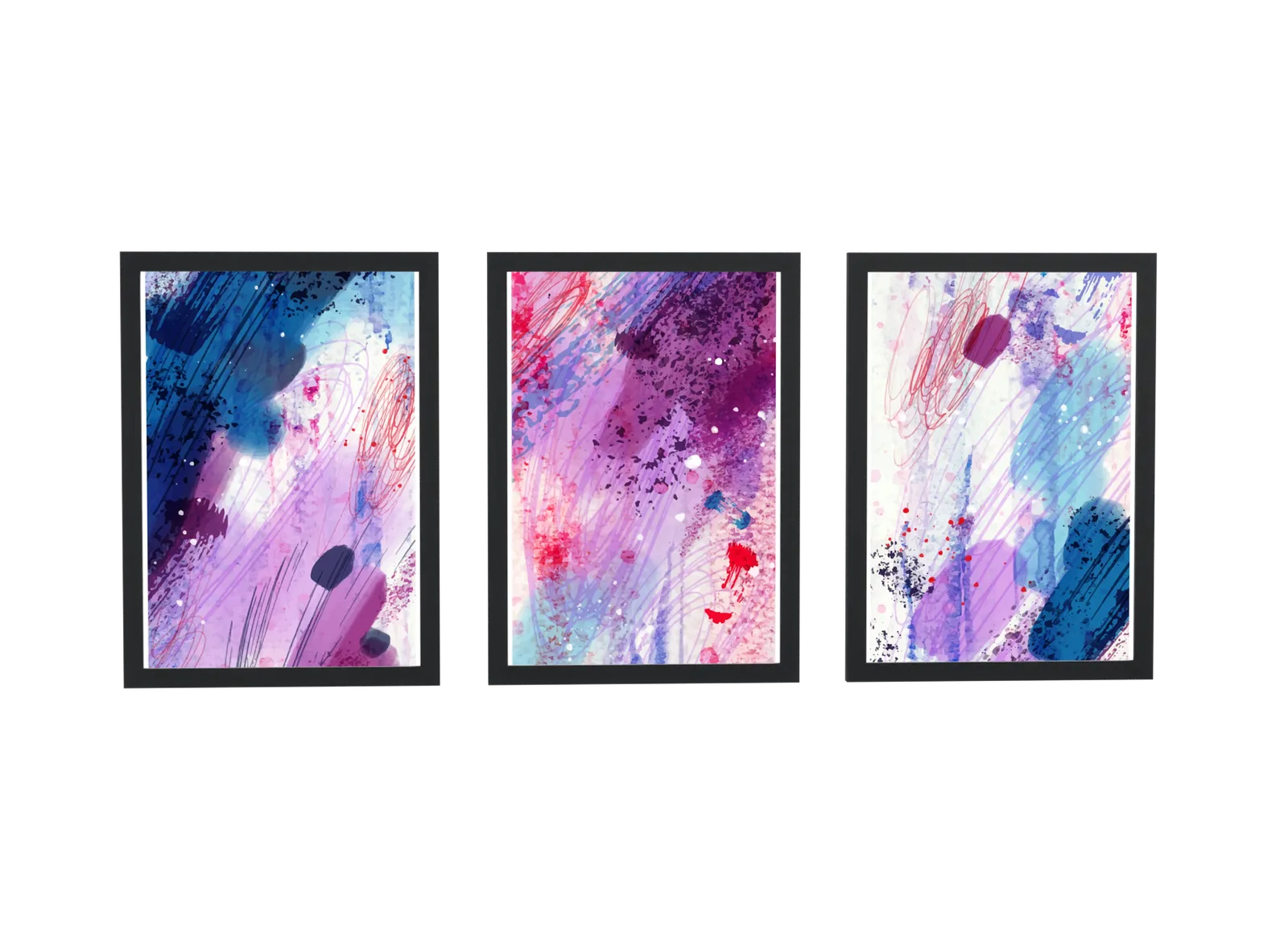 Trio abstrato em pincelada azul e magenta