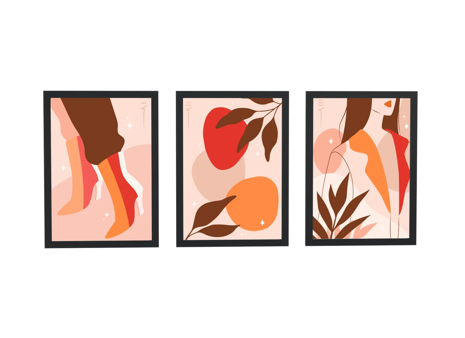 Trio ilustrado de pernas, maçã e folhas